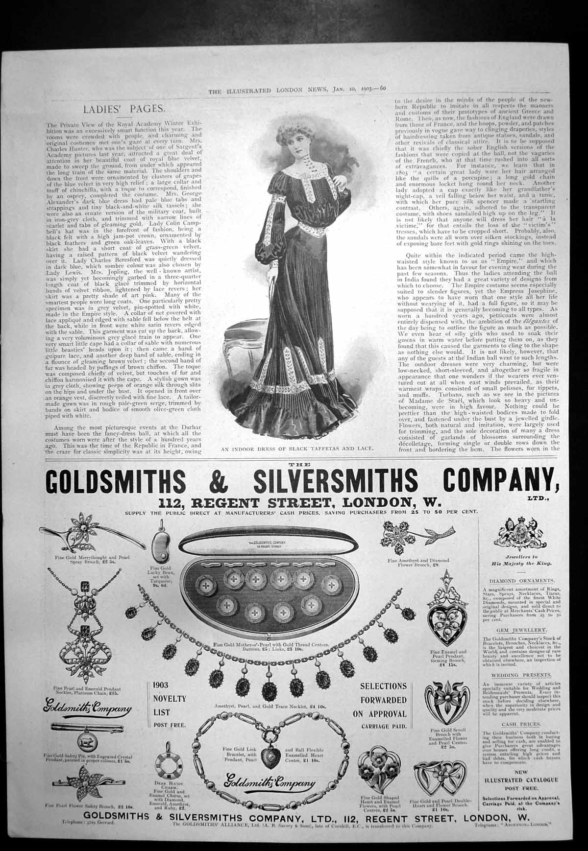 Original Old Antique Print Indoor Dress Taffeta Lace Gsmiths Silversmiths 1903