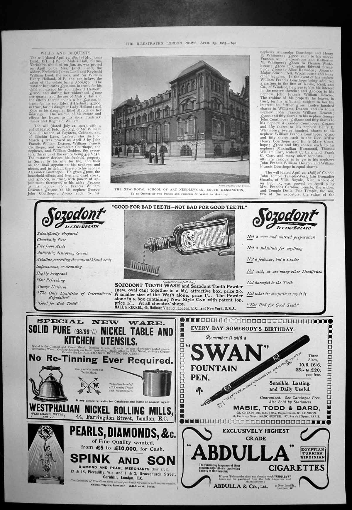 Antique Old Print Royal School Art Needlework Kensington Sozodont Teeth 1903