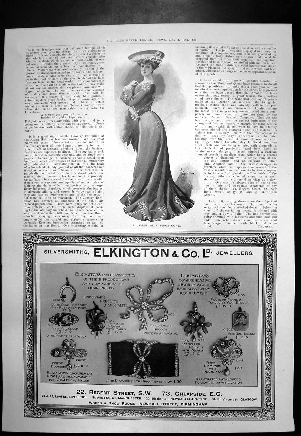 Original Old Antique Print Useful Blue Serge Gown Elkington & Co Jewellers 1903