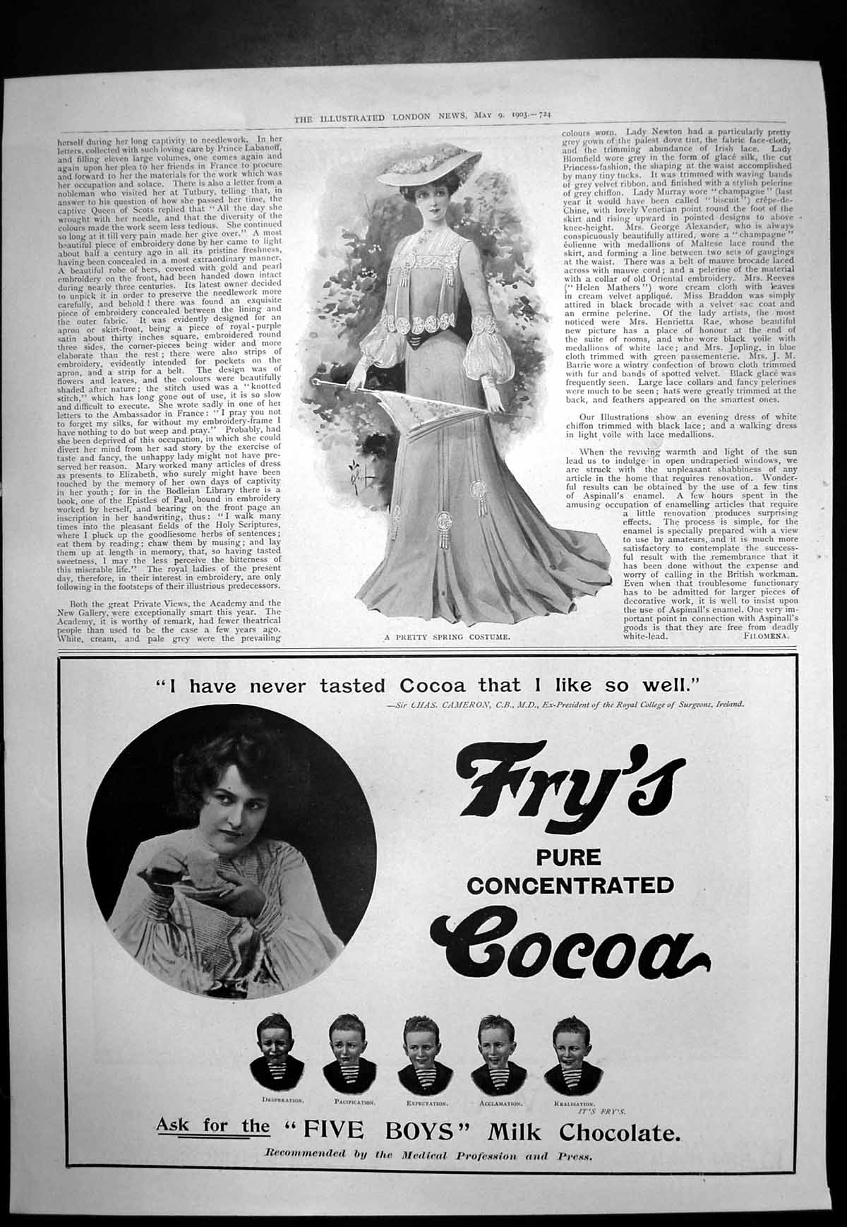 Old Antique Print Pretty Spring Costume Frys Pure Concentrated Cocoa 1903 20th
