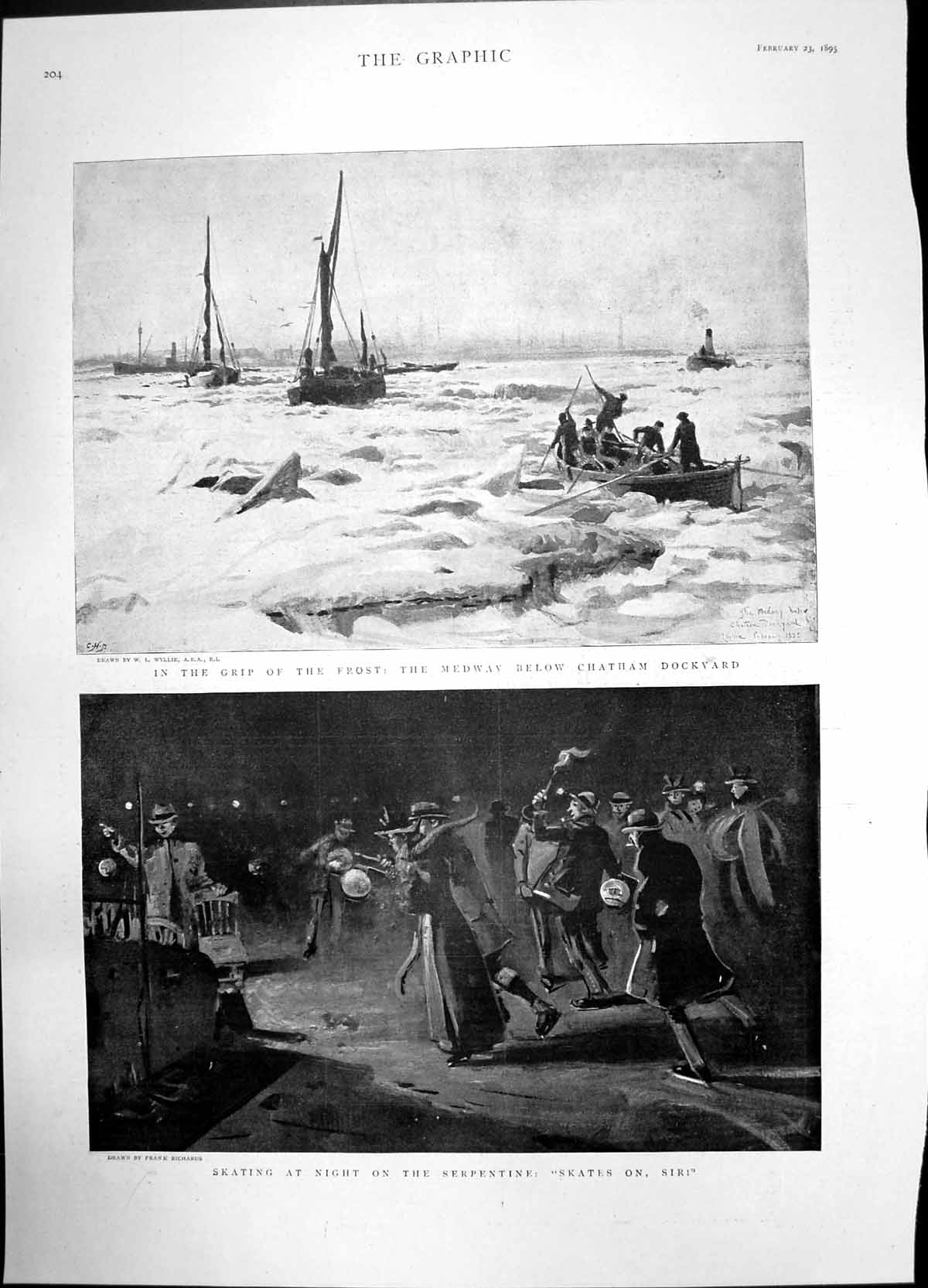 Old Antique Print Medway Chatham Dockyard Skating Night Serpentine 1895 19th