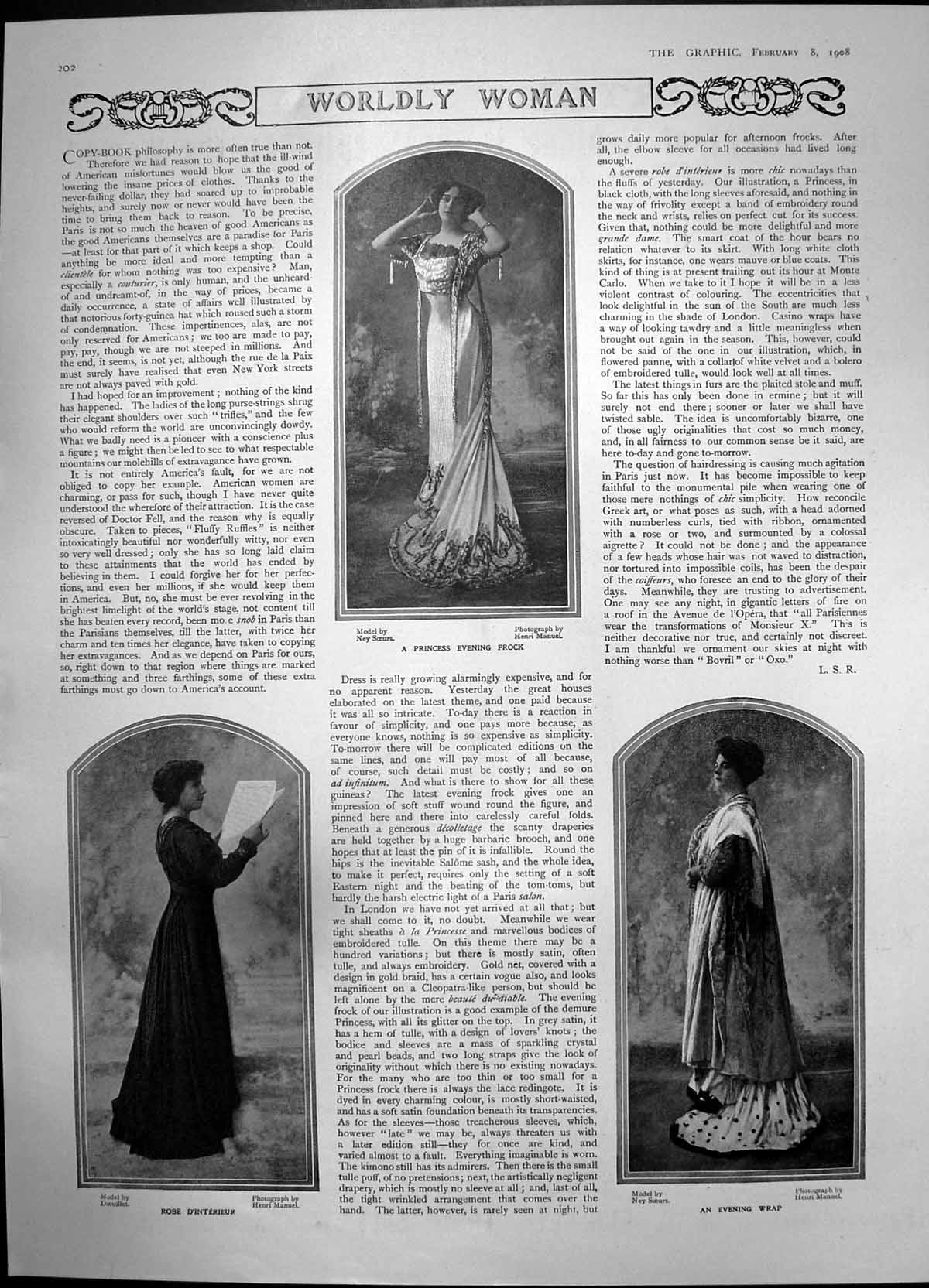 Antique Old Print Worldly Women Robe D'Interieur Evening Wrap Princess 1908