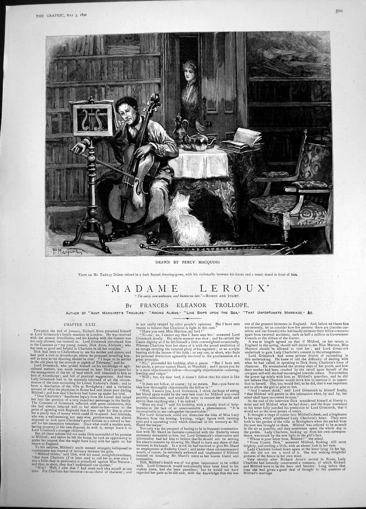 Antique Old Print Madame Leroux Tudway Didear Dressing Gown Violincello 1890