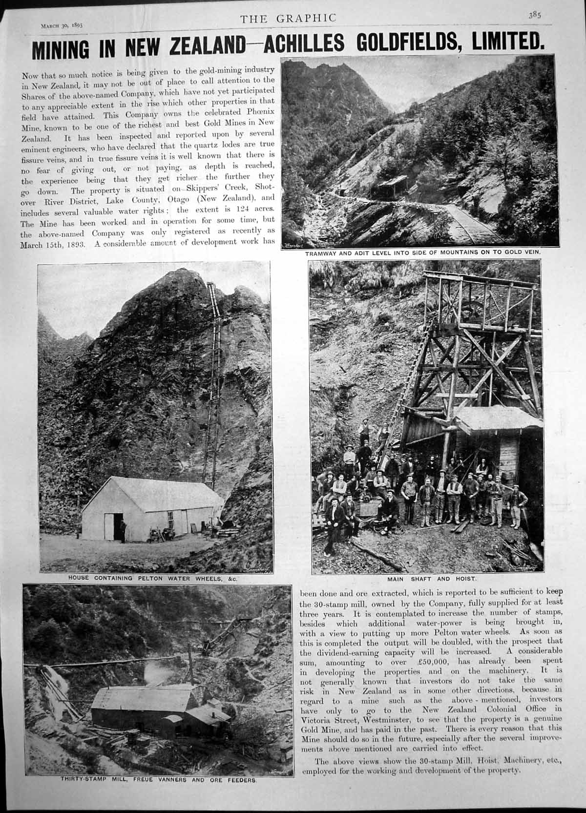 Antique Print Mining New Zealand Tramway Main Shaft Hoist Ore Feeders 1895 19th