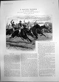 Old Antique Print Racing Rubber Riders Racing Horses Trying For Lead 1894 19th