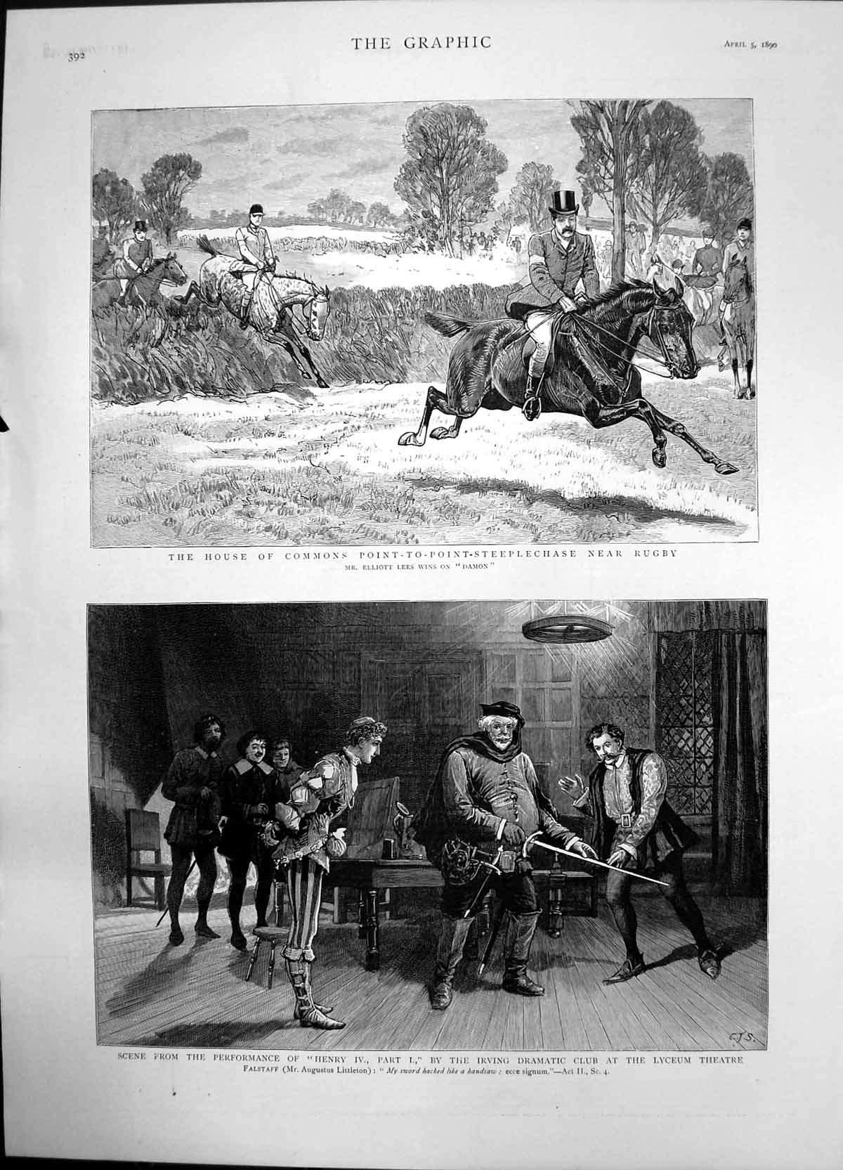 Antique Old Print Steeplechase Rugby Scene Henry 1V Irving Dramatic Club 1890