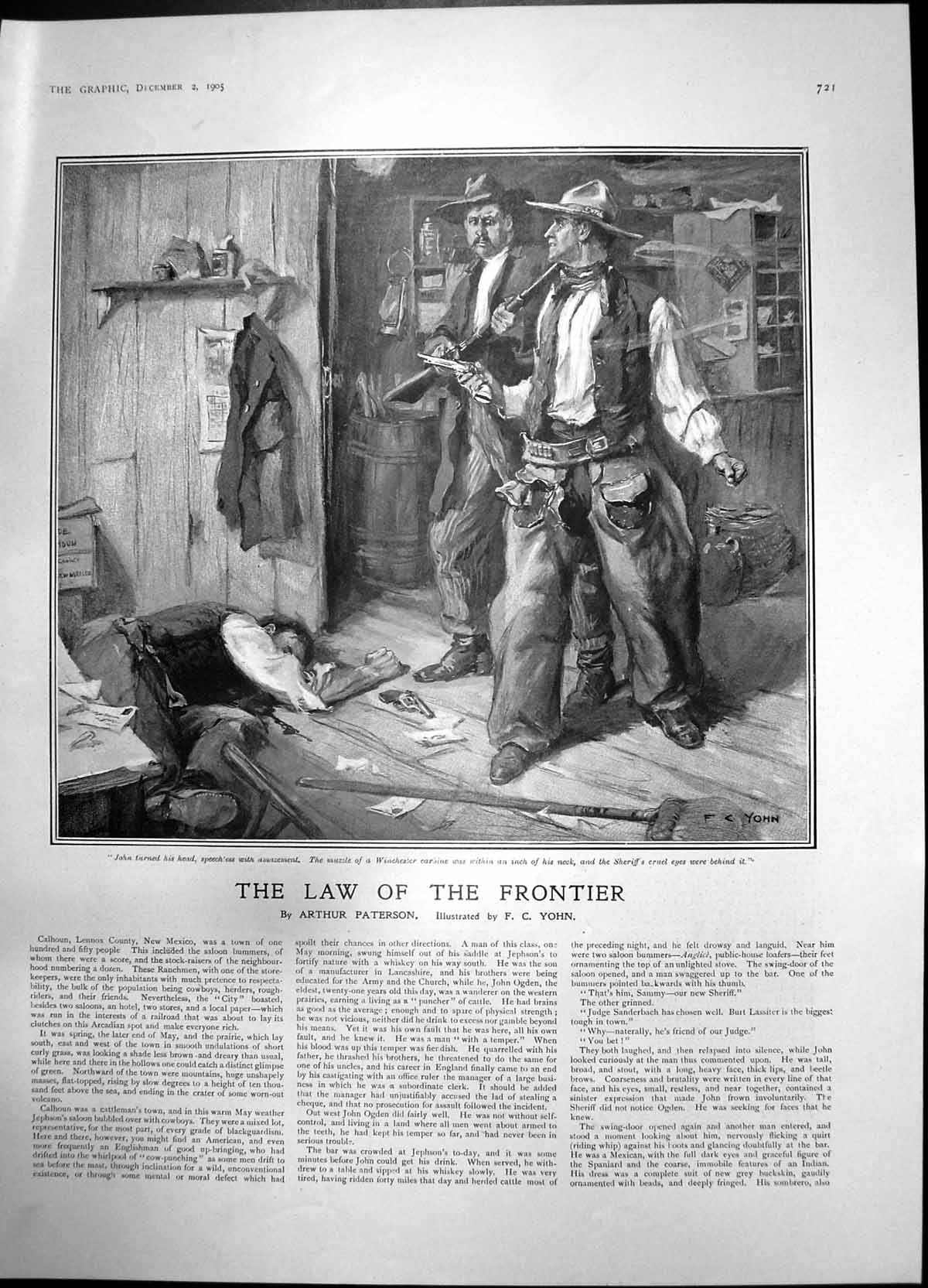 Old Print Law Frontier Sheriff Pointing Gun John Neck Man Shot Lying 1905 20th
