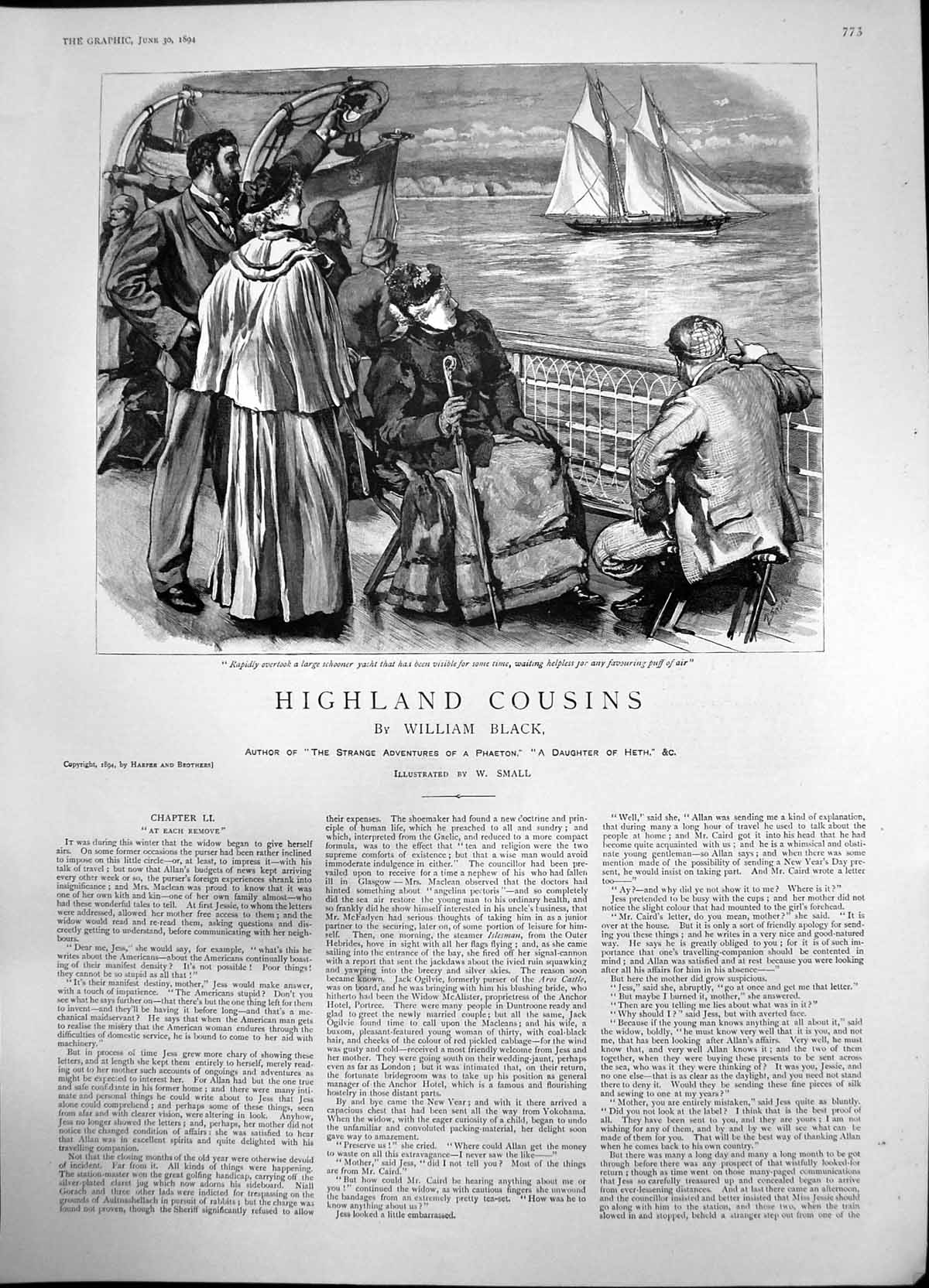 Antique Print Highland Cousins Group Deck Large Ship Pass Schooneryacht1894