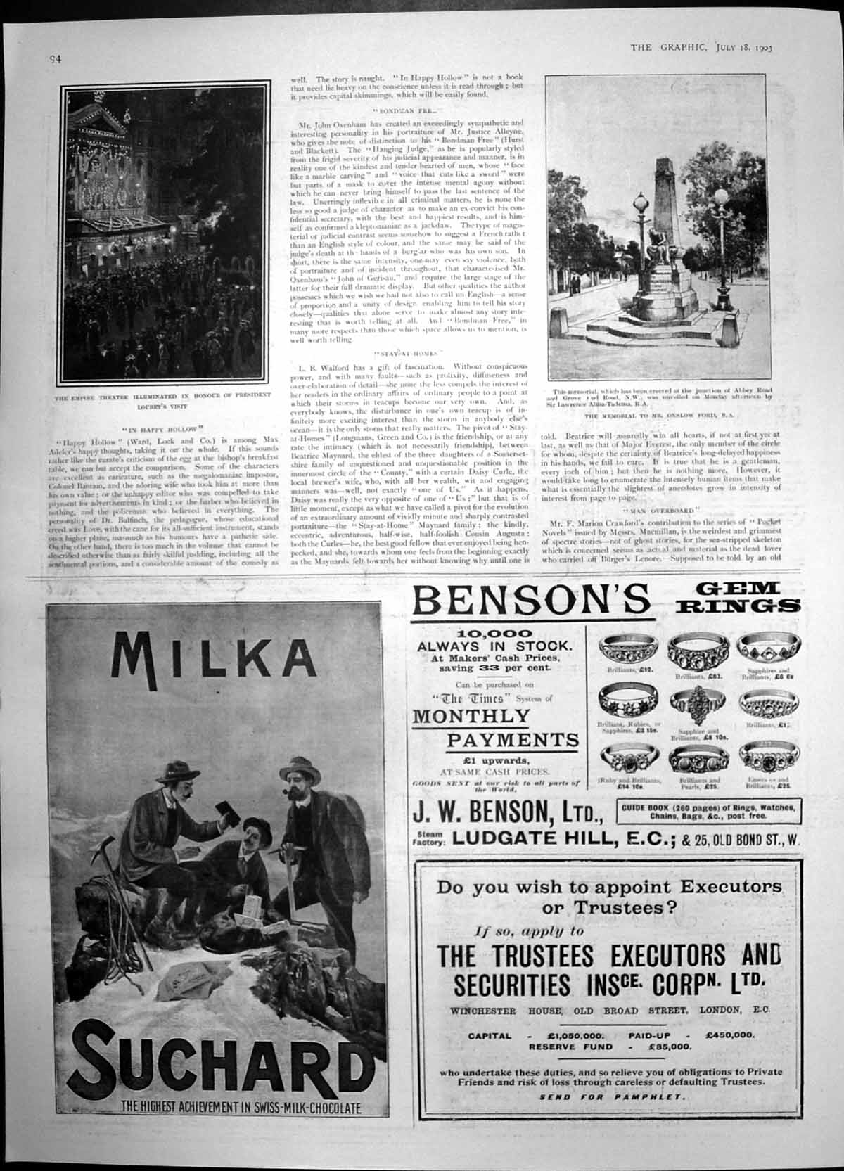 Antique Old Print Memorial Onslow Ford Empire Theatre President Loubet 1903