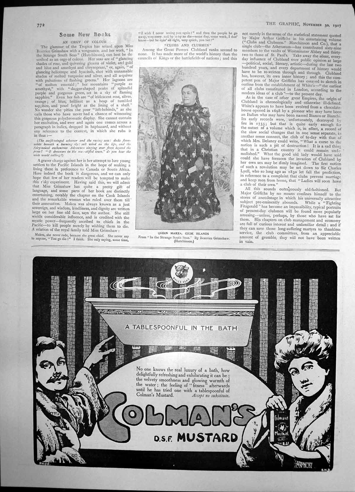 Antique Print Queen Makea Cook Islands Strange S Seas Colmans Mustard 1907 20th