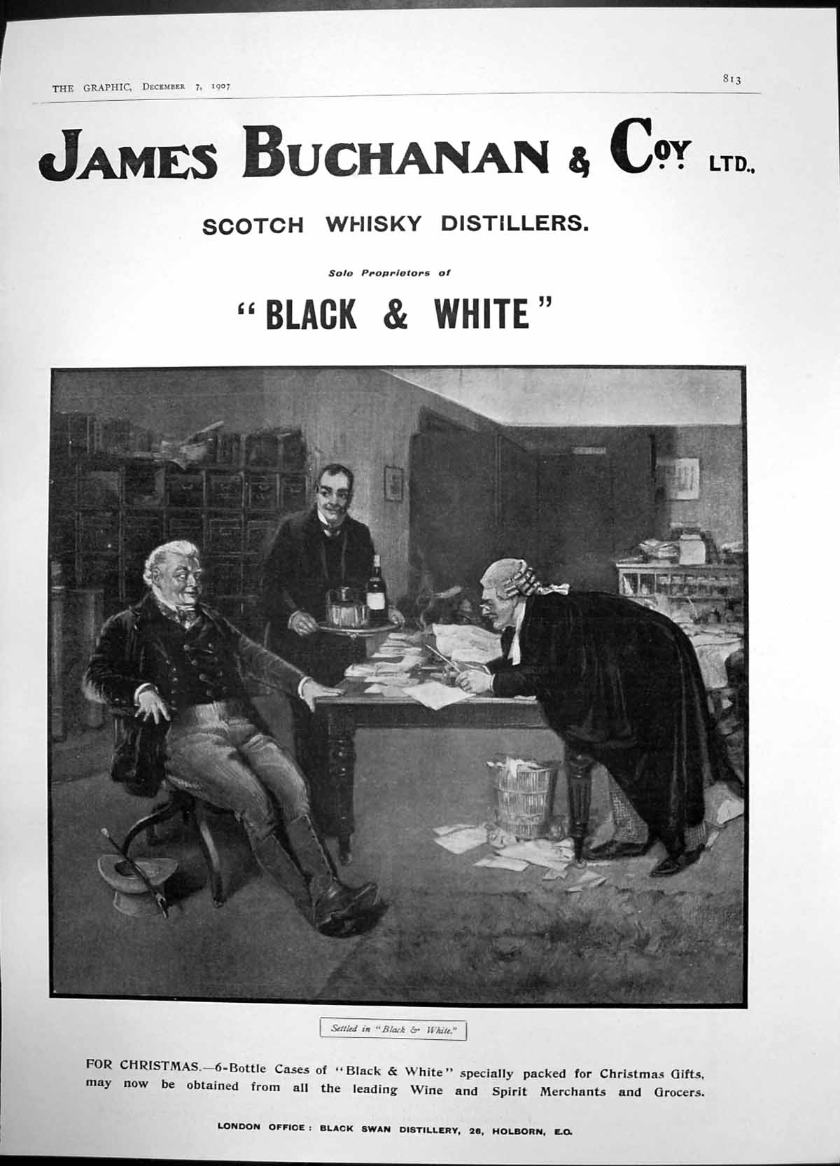 Antique Old Print James Buchanan Scotch Whisky Distillers Black & White 1907
