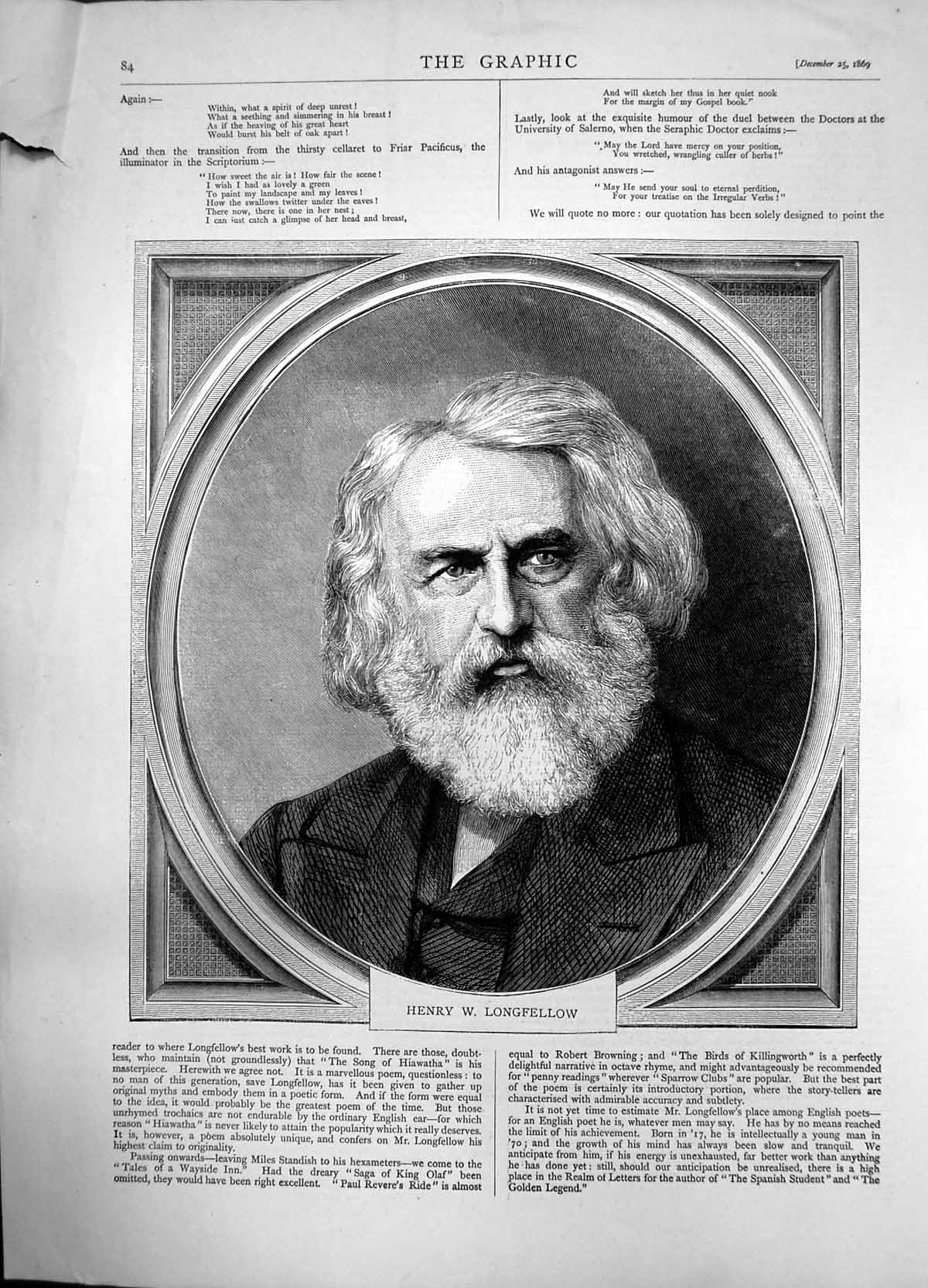 Old Antique Print Portrait Henry W Longfellow Foremost Poet America 1869 19th
