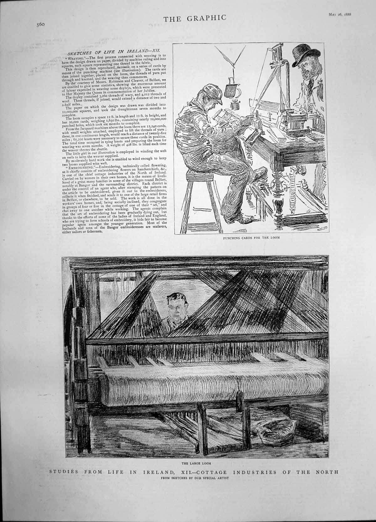 Original Old Antique Print Cottage Industries Ireland Punching Cards Loom 1888
