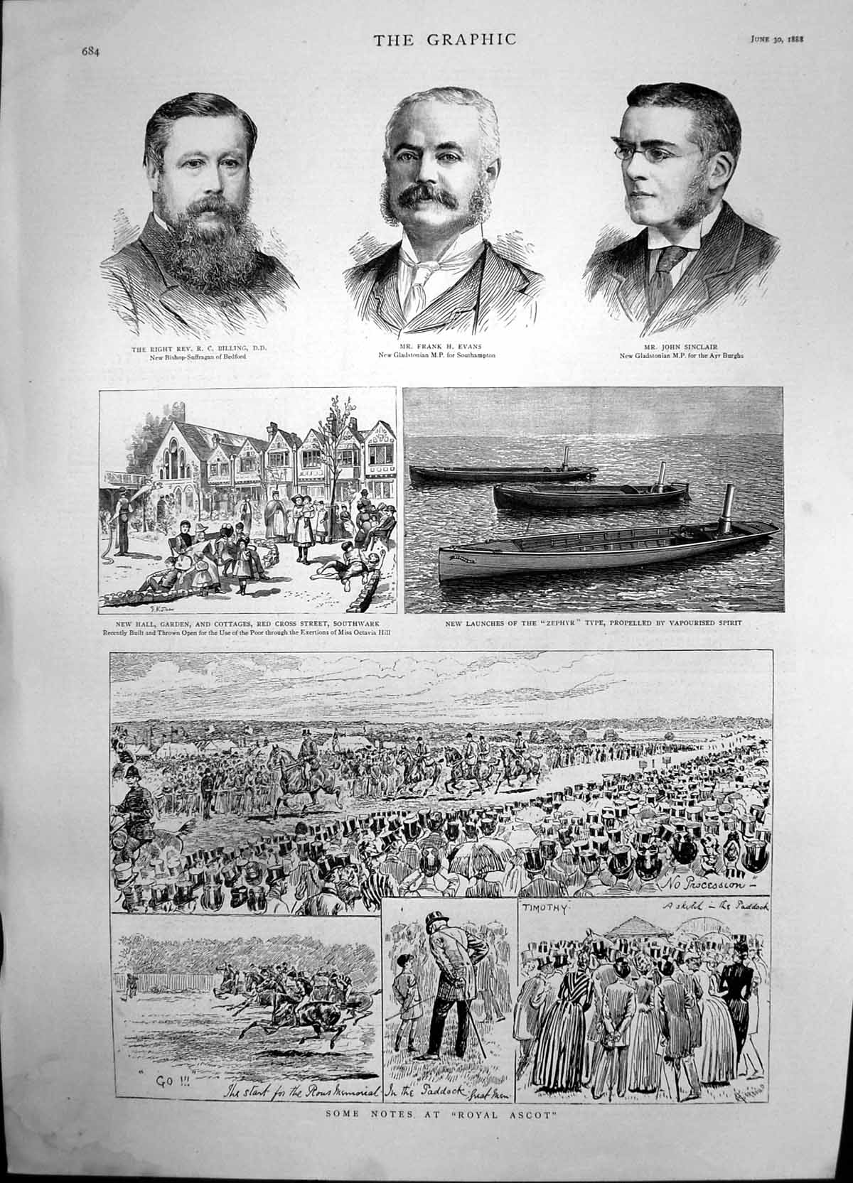 Antique Old Print Royal Ascot Red Cross Street Southwark Launch Zephyr 1888