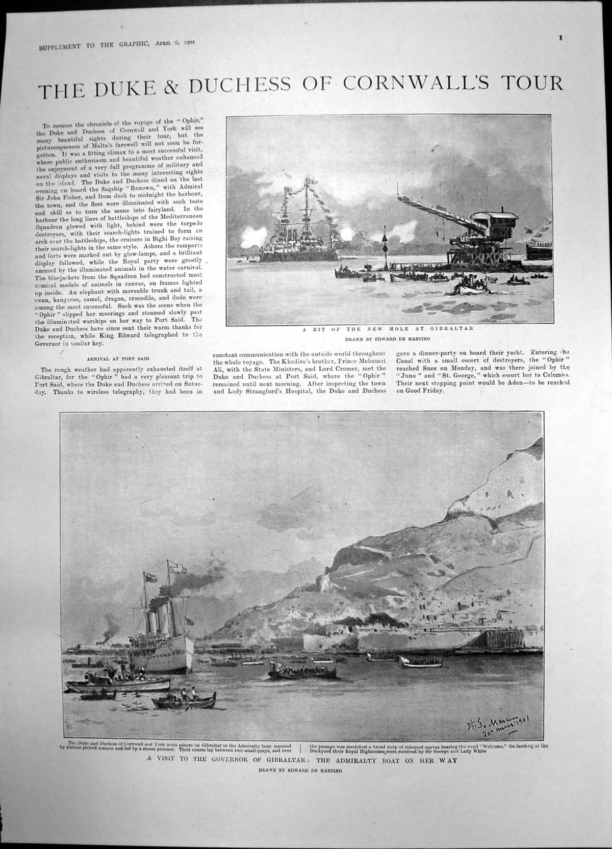 Antique Old Print Duke Duchess Cornwall Tour Gibraltar Admiralty Boat 1901 20th