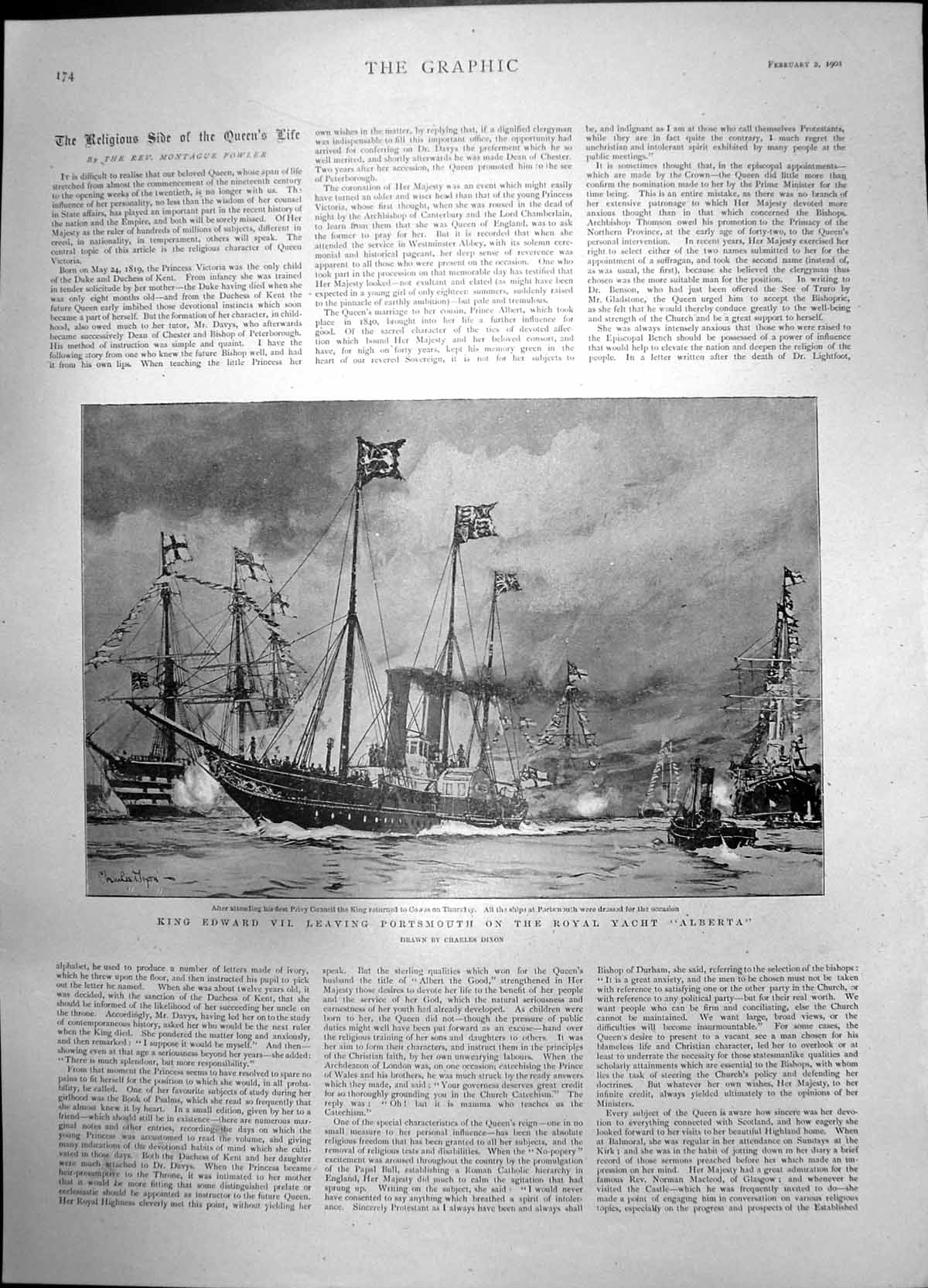Old Antique Print King Edward Leaving Portsmouth Royal Yacht Alberta 1901 20th