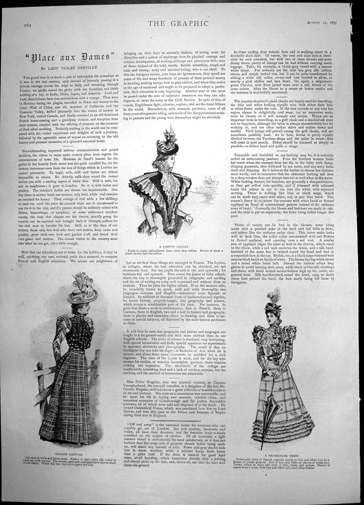 Antique Old Print Place Aux Dames Seaside Costume Promenade Dress Collet 1897