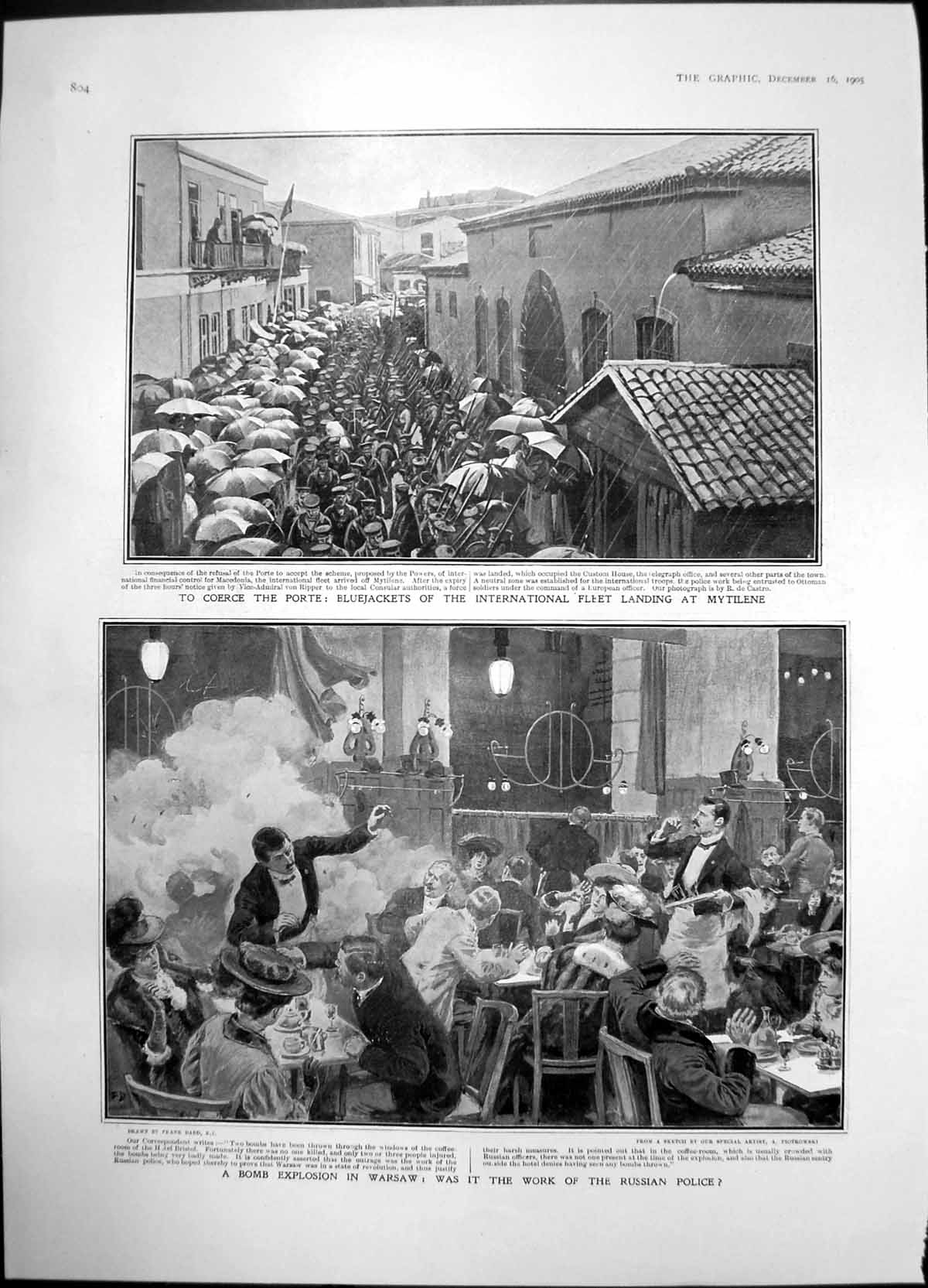 Antique Old Print Bluejackets International Fleet Mytilene Bomb Warsaw 1905