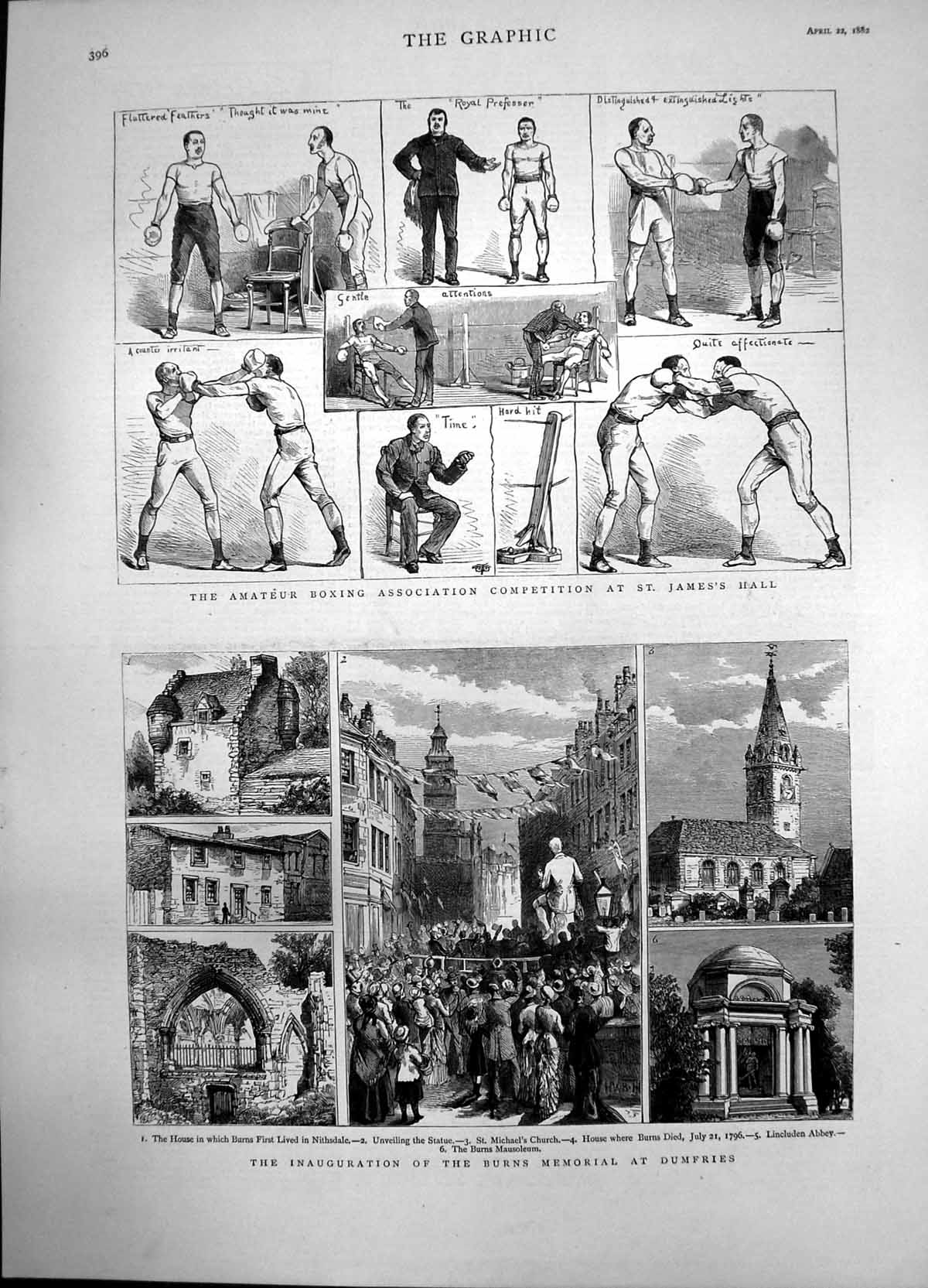 Antique Old Print Amateur Boxing St James Hall Burns Memorial Dumfries 1882