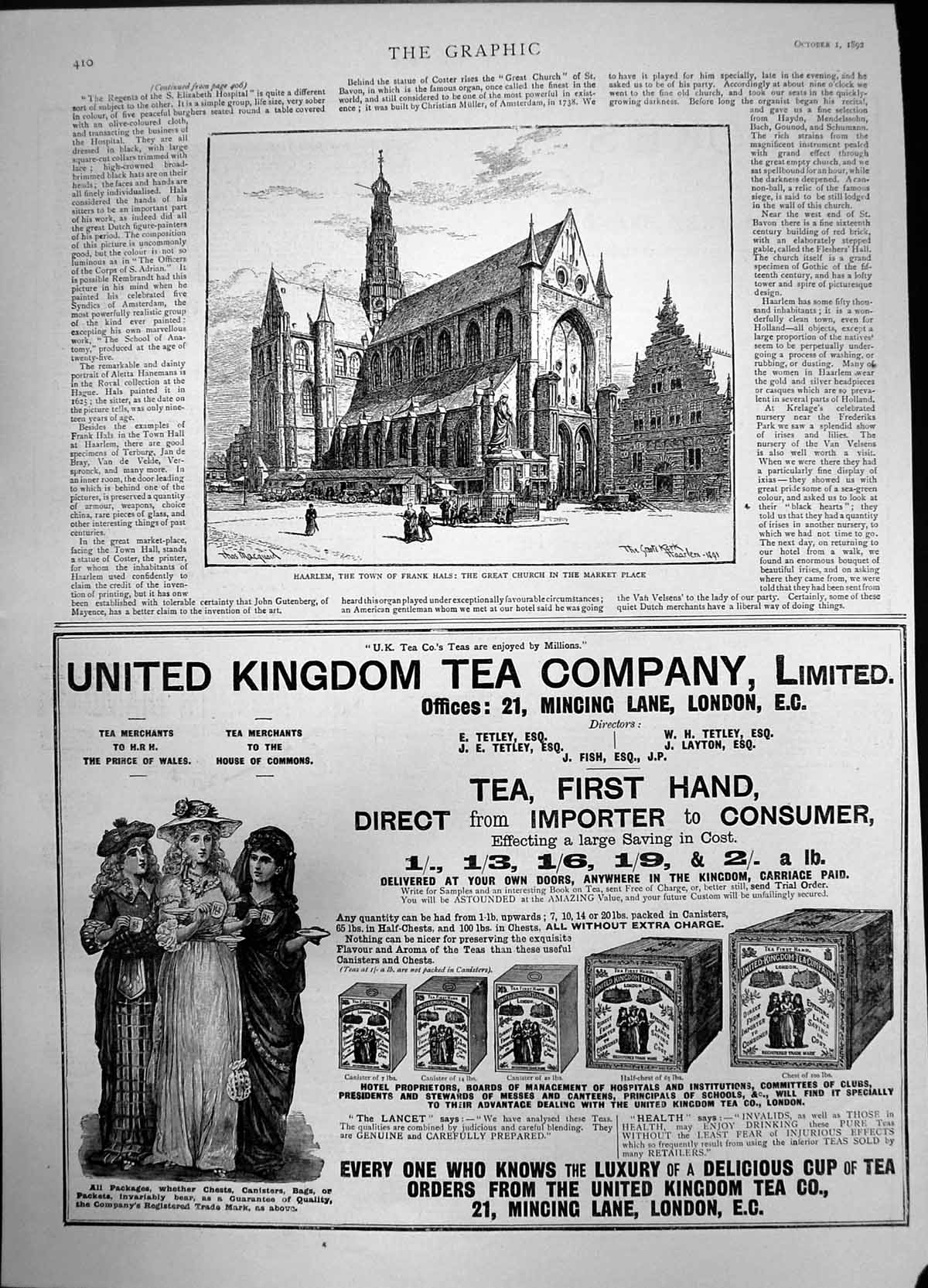 Antique Old Print Haarlem Town Frank Hals Church United Kingdom Tea Co 1892