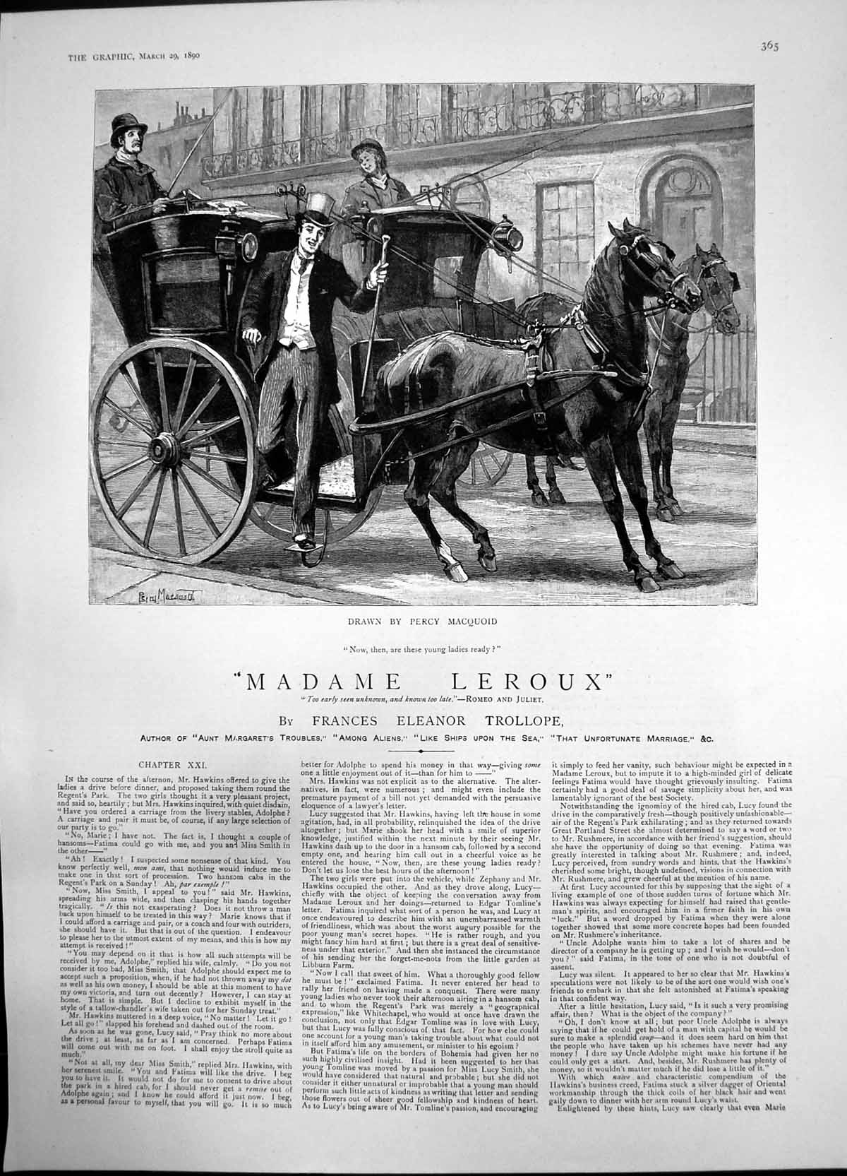 Old Antique Print Madame Leroux Horse Carriage Waiting Young Ladies 1890 19th