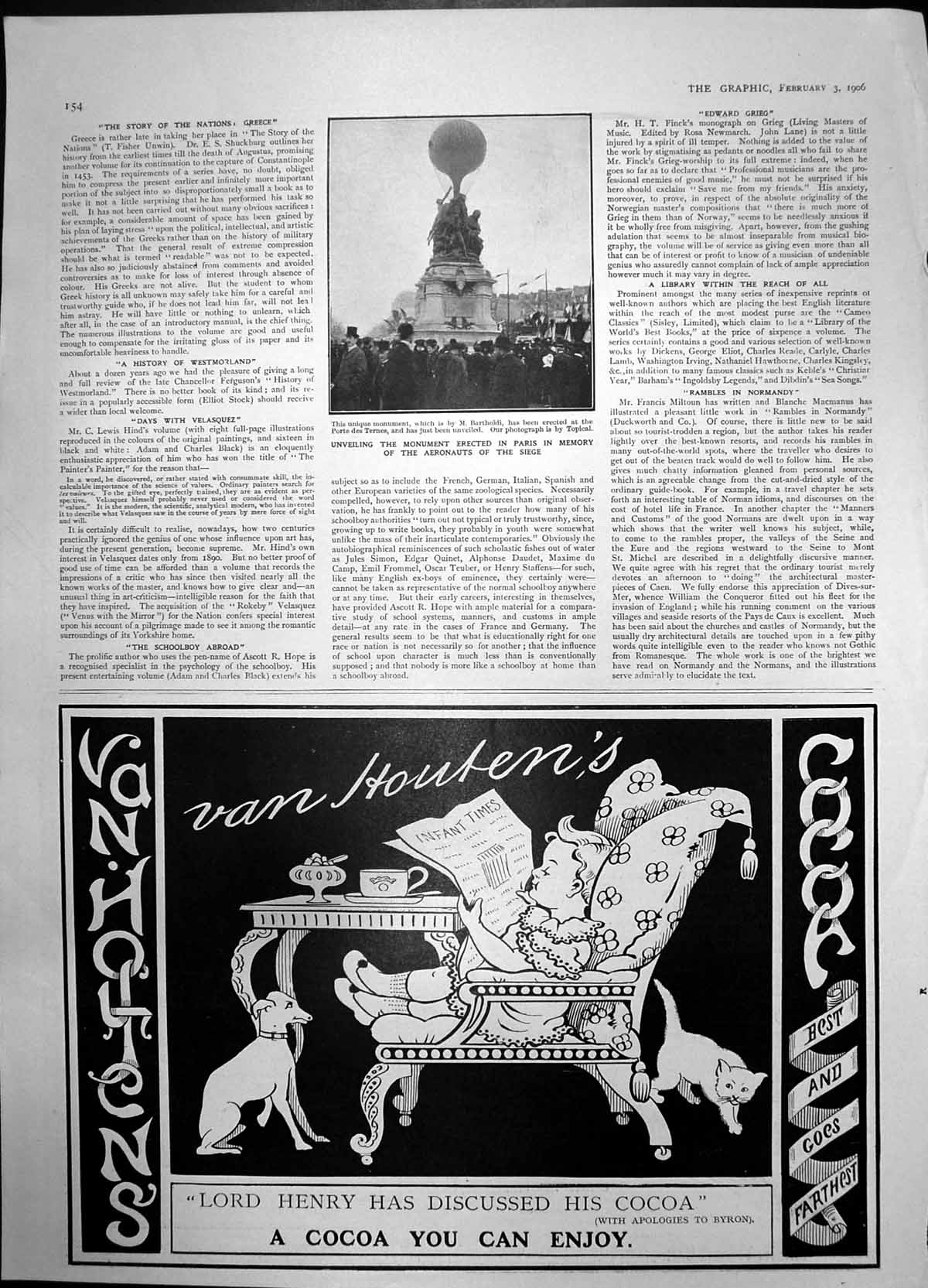 Old Antique Print Monument Paris Aeronauts Siege Van Houtens Cocoa 1906 20th