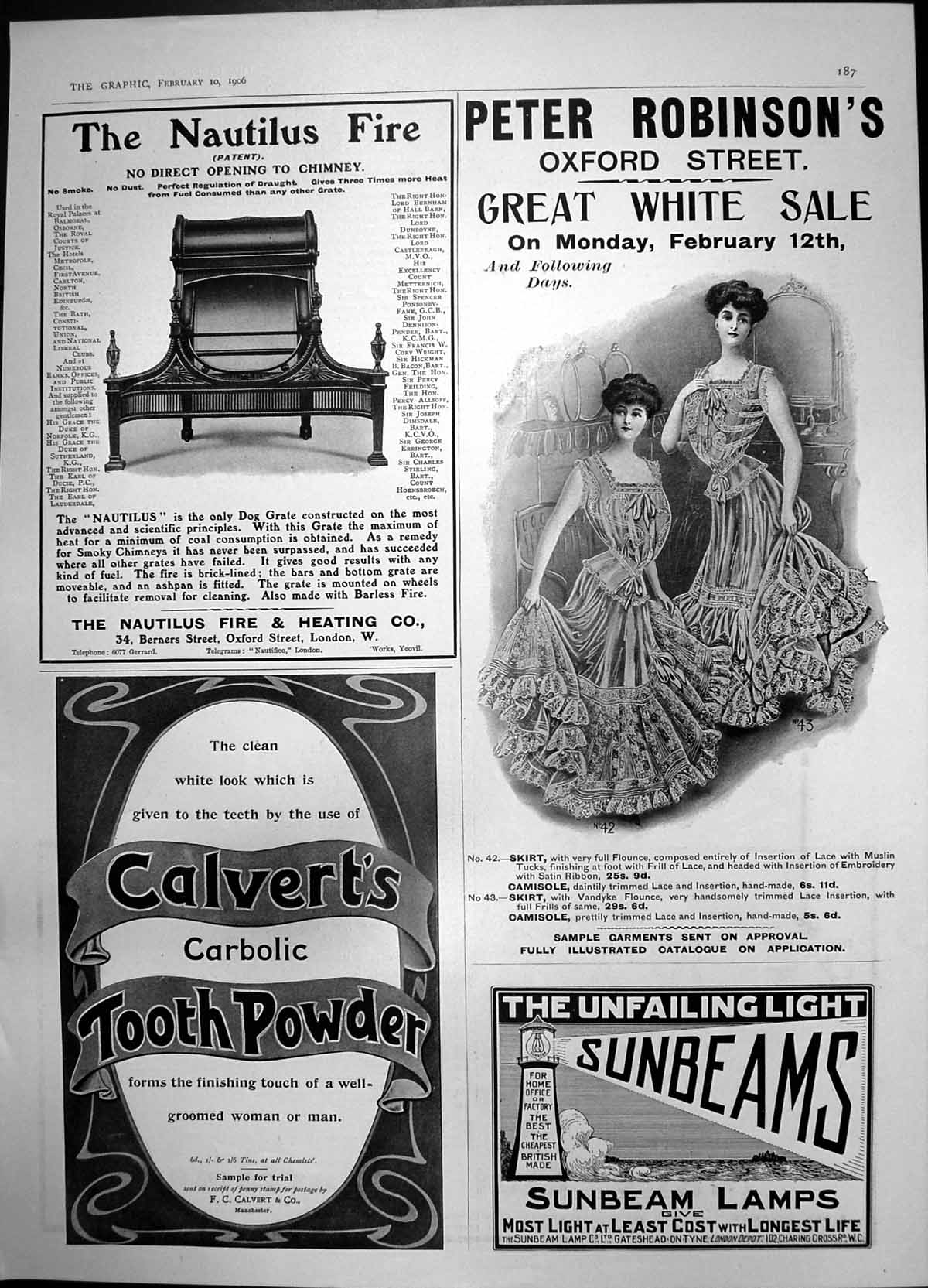 Original Old Antique Print Sunbeam Lamps Calverts Toothpaste Nautilus Fire 1906