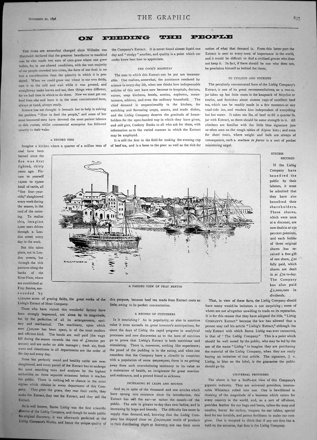 Antique Old Print Liebigs Extract Meat Co Works Fray Bentos Ship Passing 1896