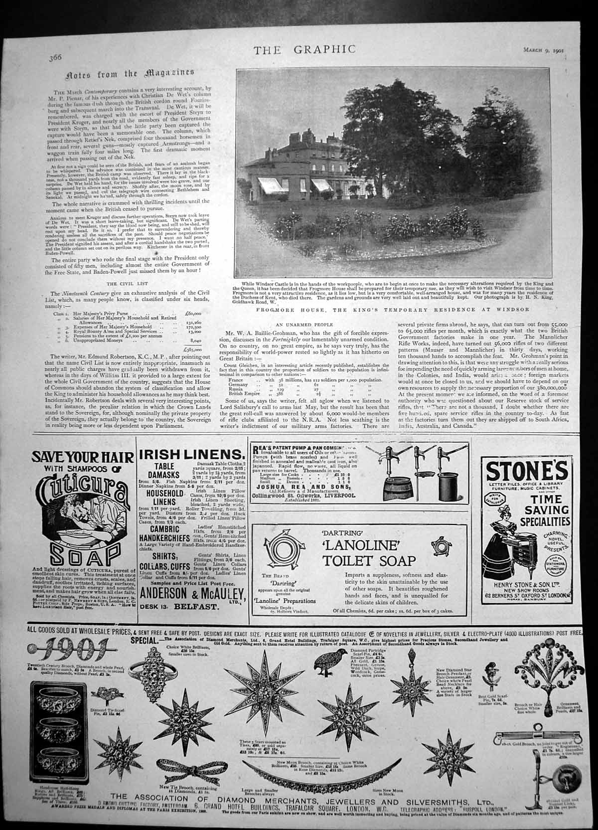 Antique Old Print Frogmore Kings Temporary Home Windsor Dartring Soap 1901 20th