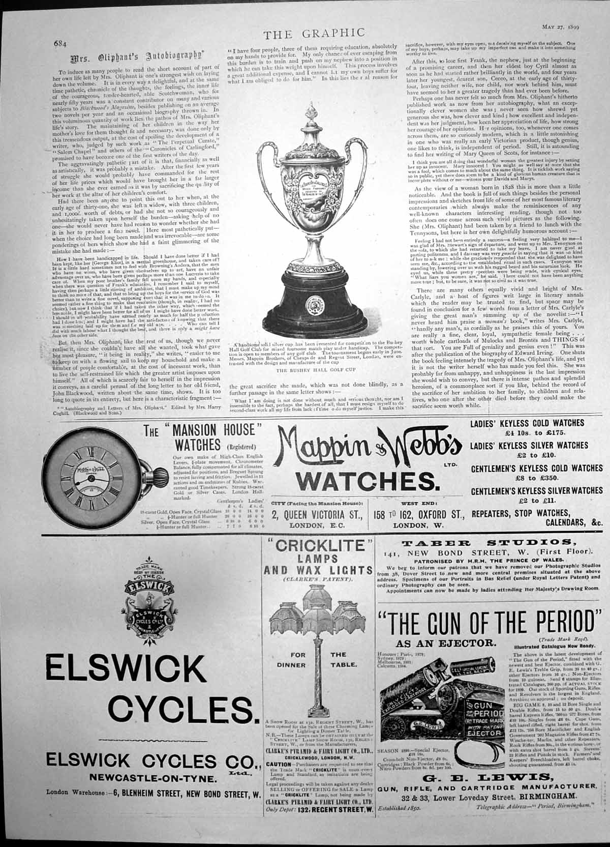 Old Print Bushey Hall Golf Cup Elswick Cycles G E Lewis Guns Rifles 1899 19th