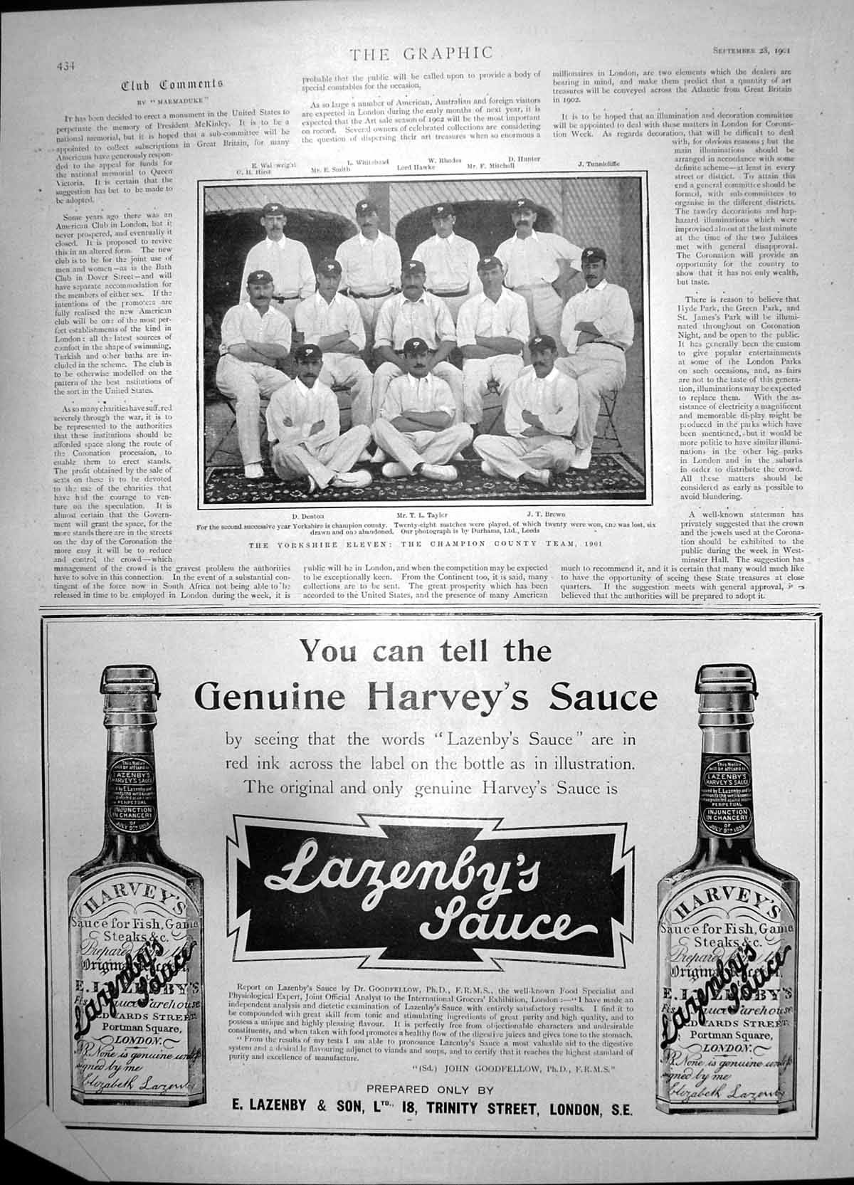 Antique Print Yorkshire 11 Champion County Team Lazenbyss Harveys Sauce1901