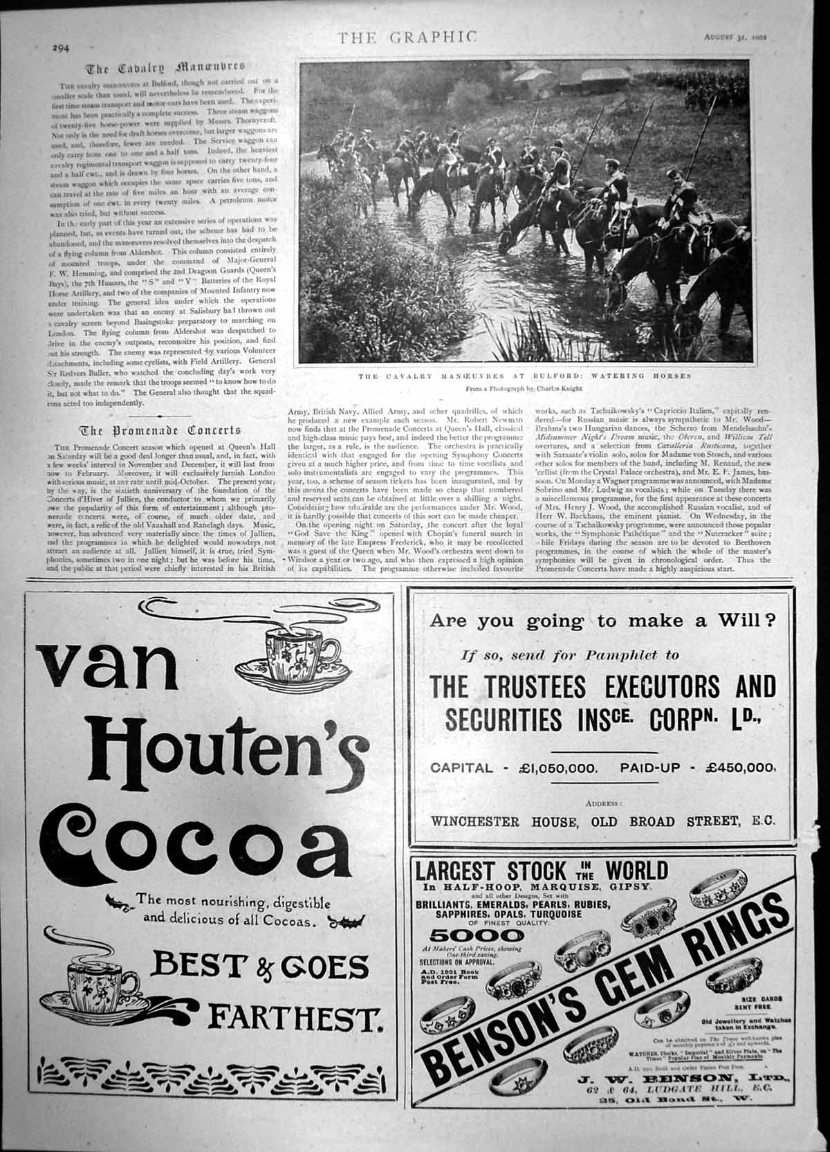 Antique Old Print Cavalry Manoeuvres Bulford Watering Bensons Gem Rings 1901