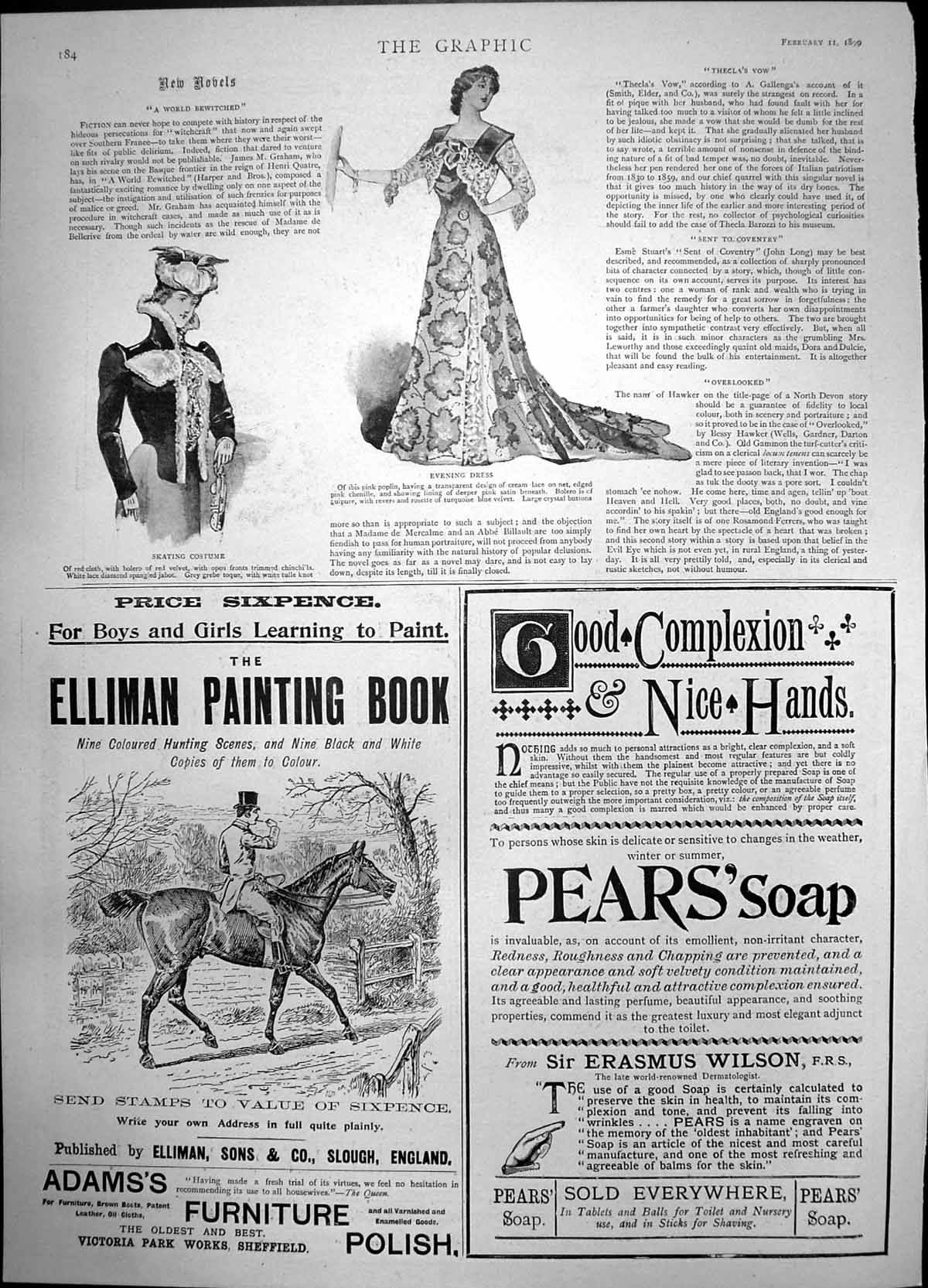 Antique Old Print Skating Costume Evening Dress Adamss Furniture Polish 1899