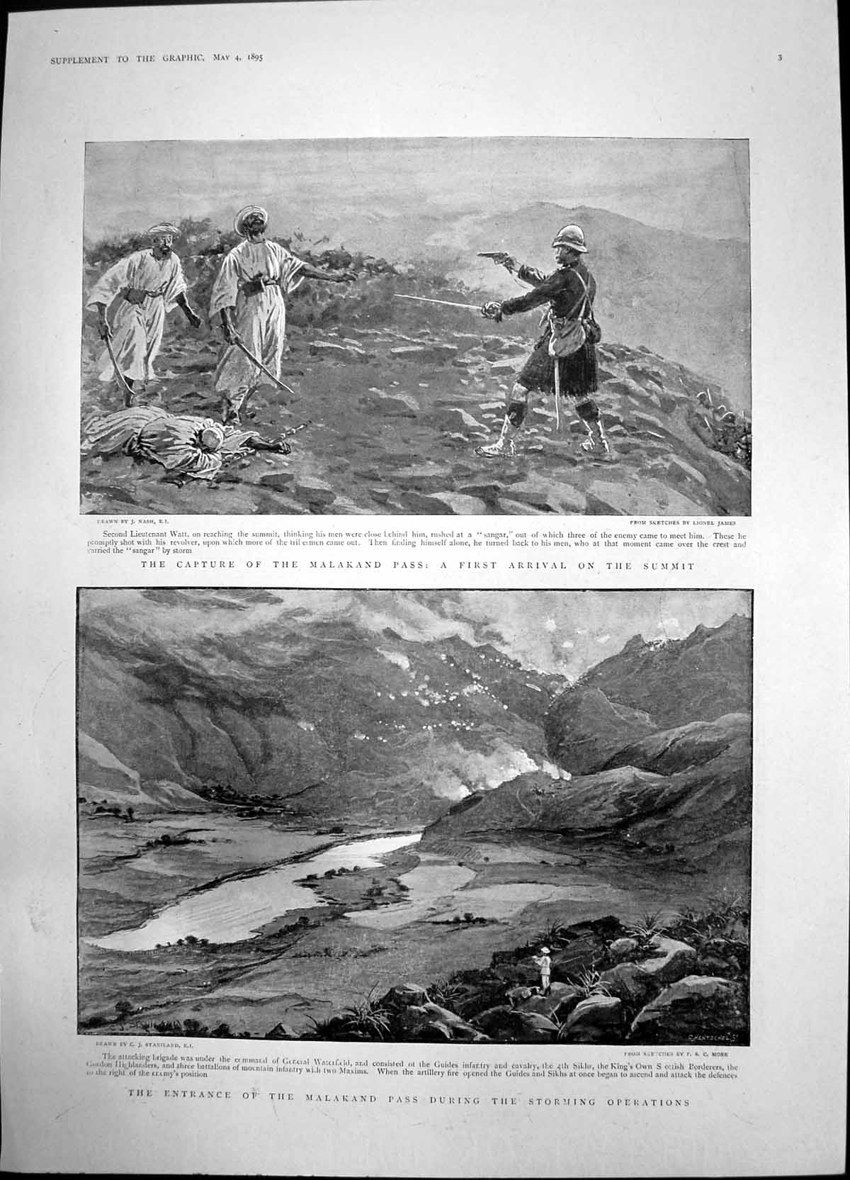 Old Antique Print Capture Malakand Pass Arrival Summit Sangars Shot 1895 19th
