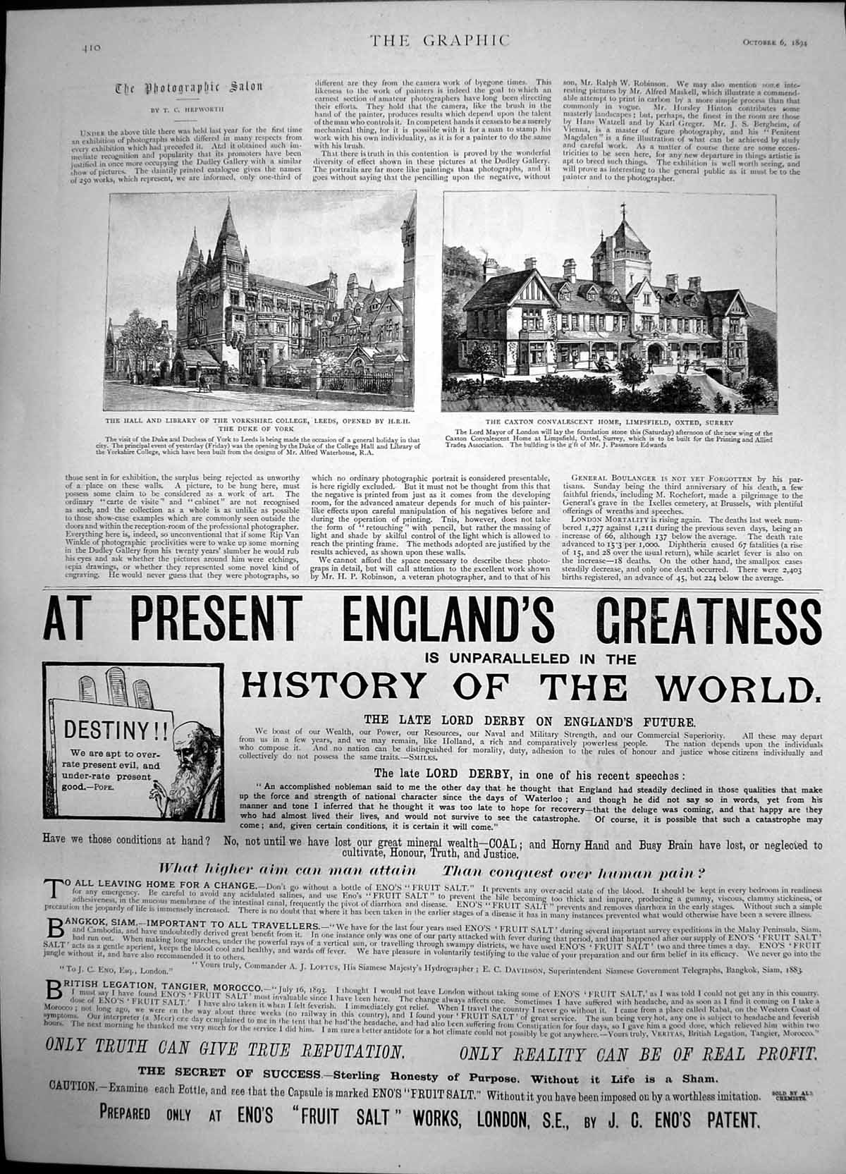 Antique Old Print Yorkshire College Leeds Caxton Convalescent Home Oxted 1894