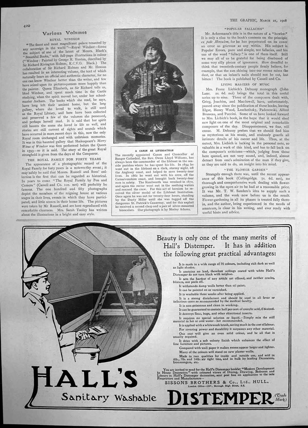 Old Print Rev Owen Lloyd Williams Lifeboat Commander Halls Distemper1908 20th