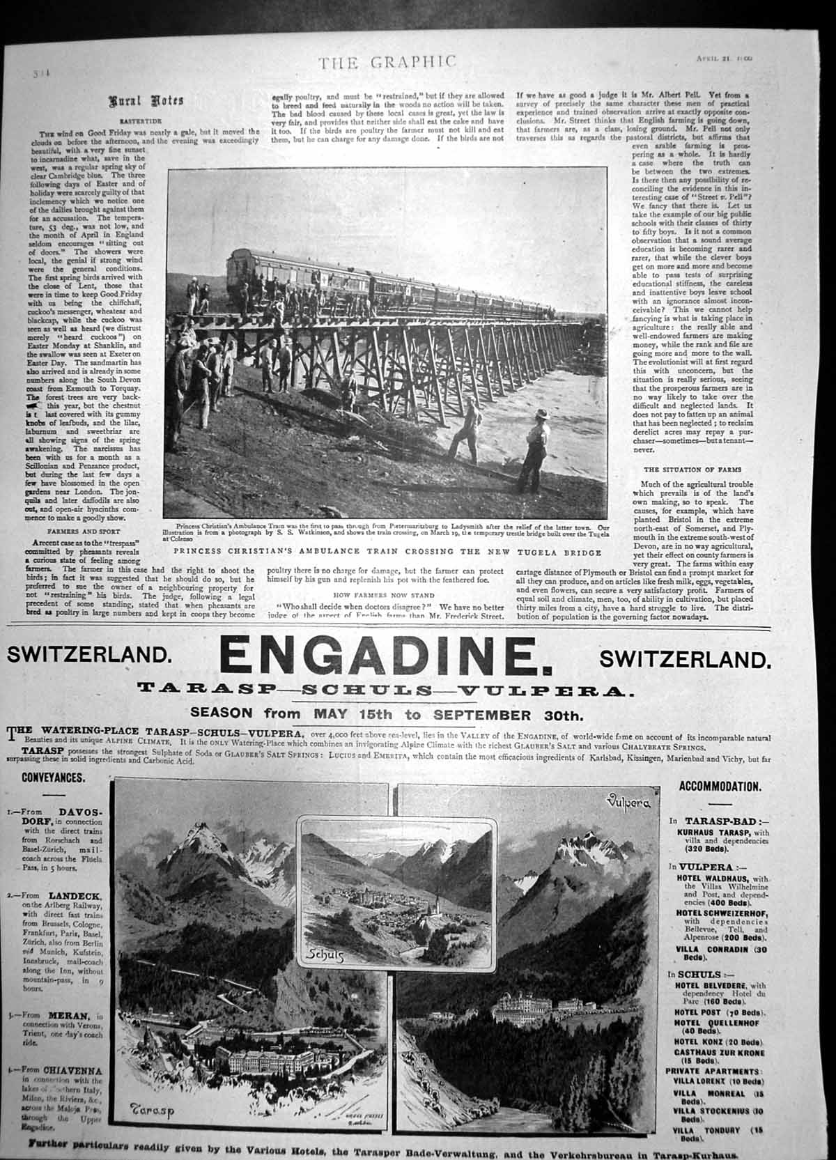 Antique Print Ambulance Train Tugela Bridge Engadine Switzerland Hotel1900 20th