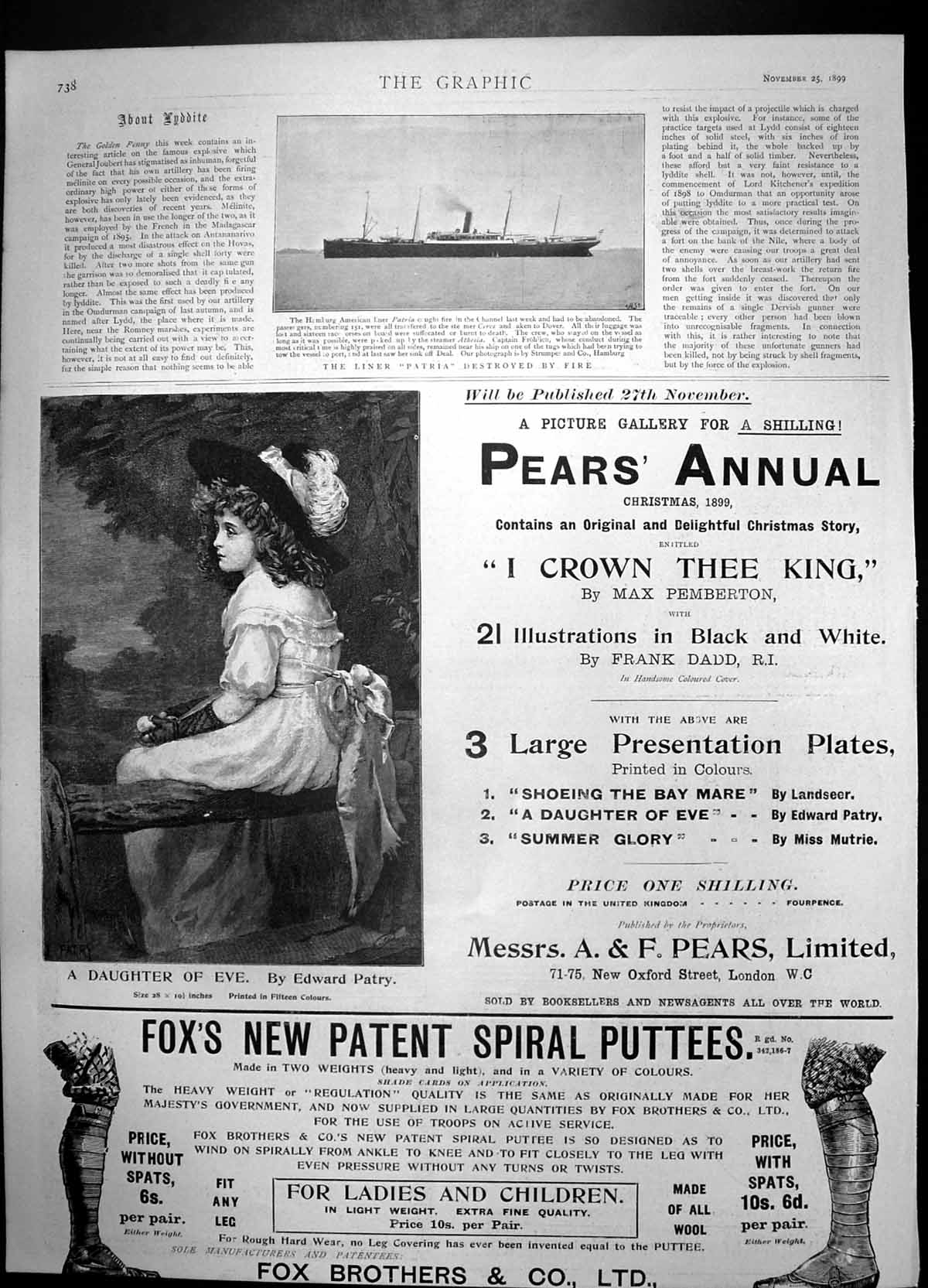 Antique Old Print Liner Patria Destroyed Fire Pears Annual Foxs Puttees 1899