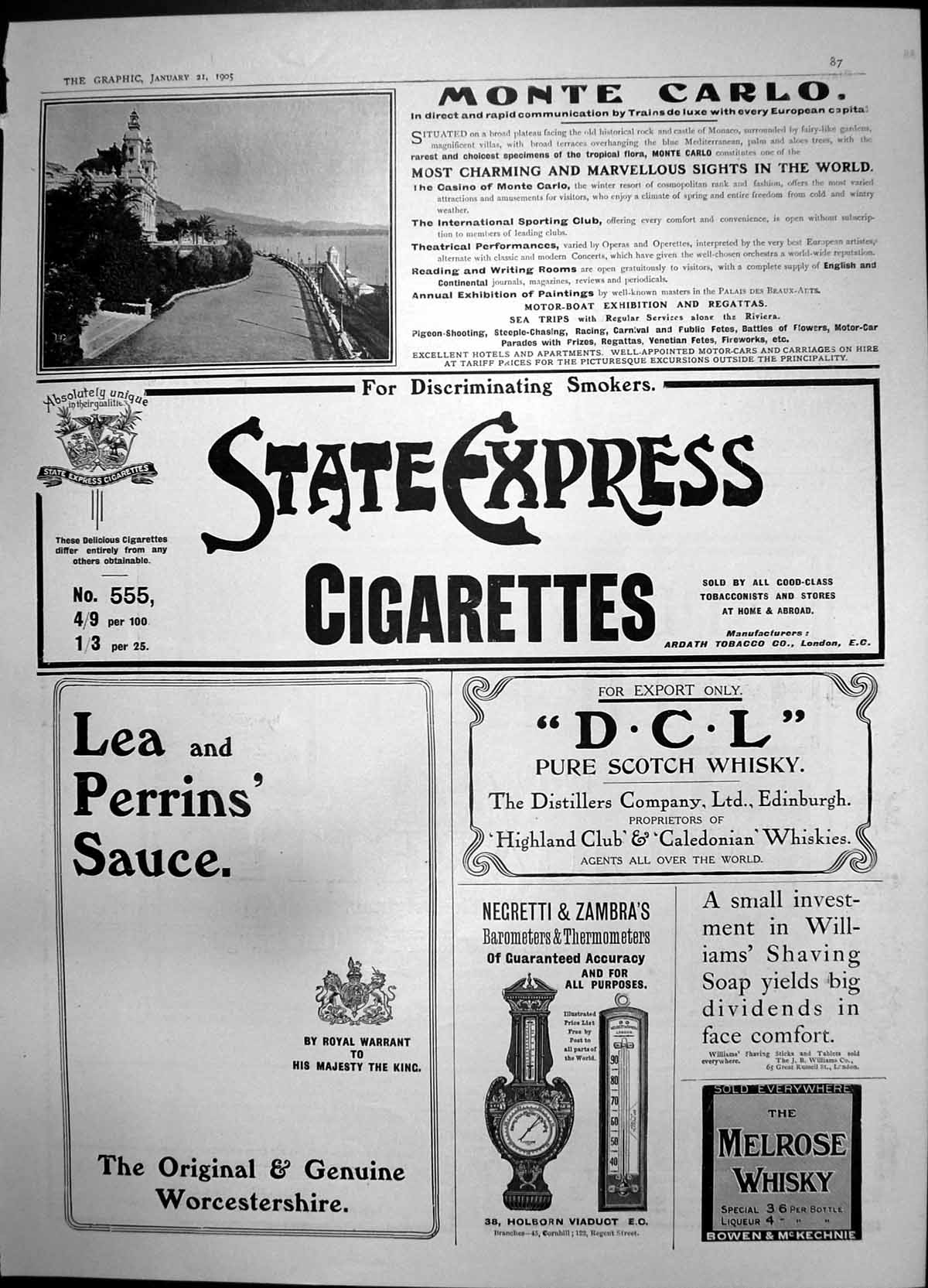 Antique Old Print Monte Carlo Advert Lea Perrins Sauce Melrose Whisky 1905 20th