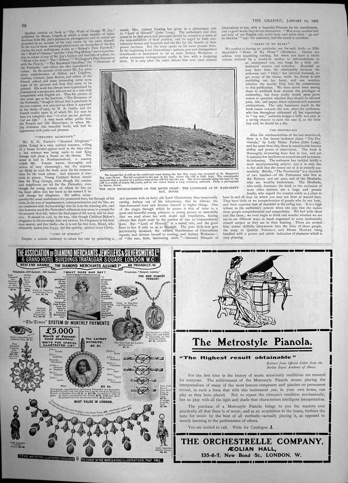 Antique Old Print Landslide St Margarets Bay Dover Metrostyle Pianola 1905 20th