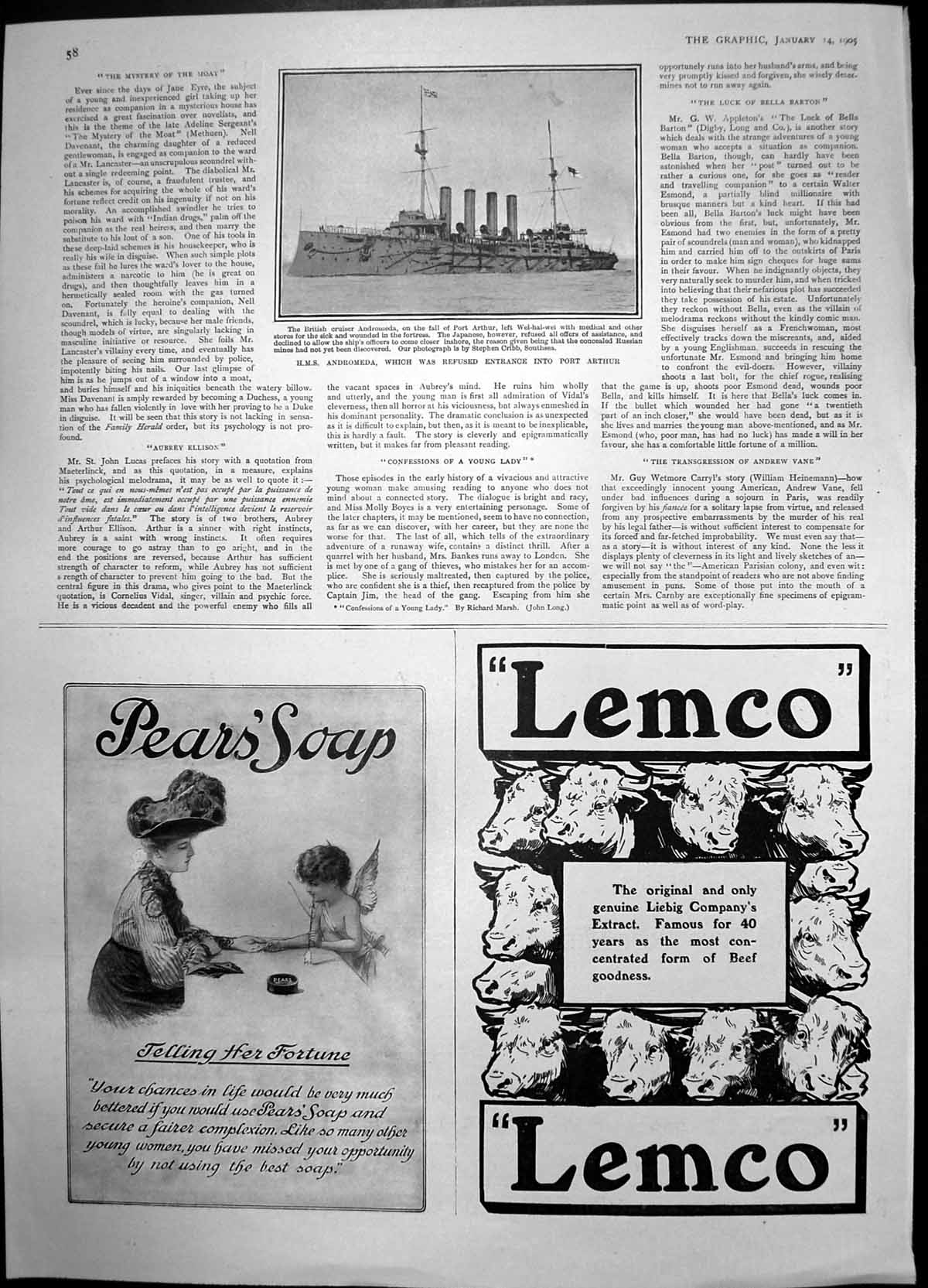 Antique Old Print Hms Andromeda Refused Entry Port Arthur Lemco Extract 1905