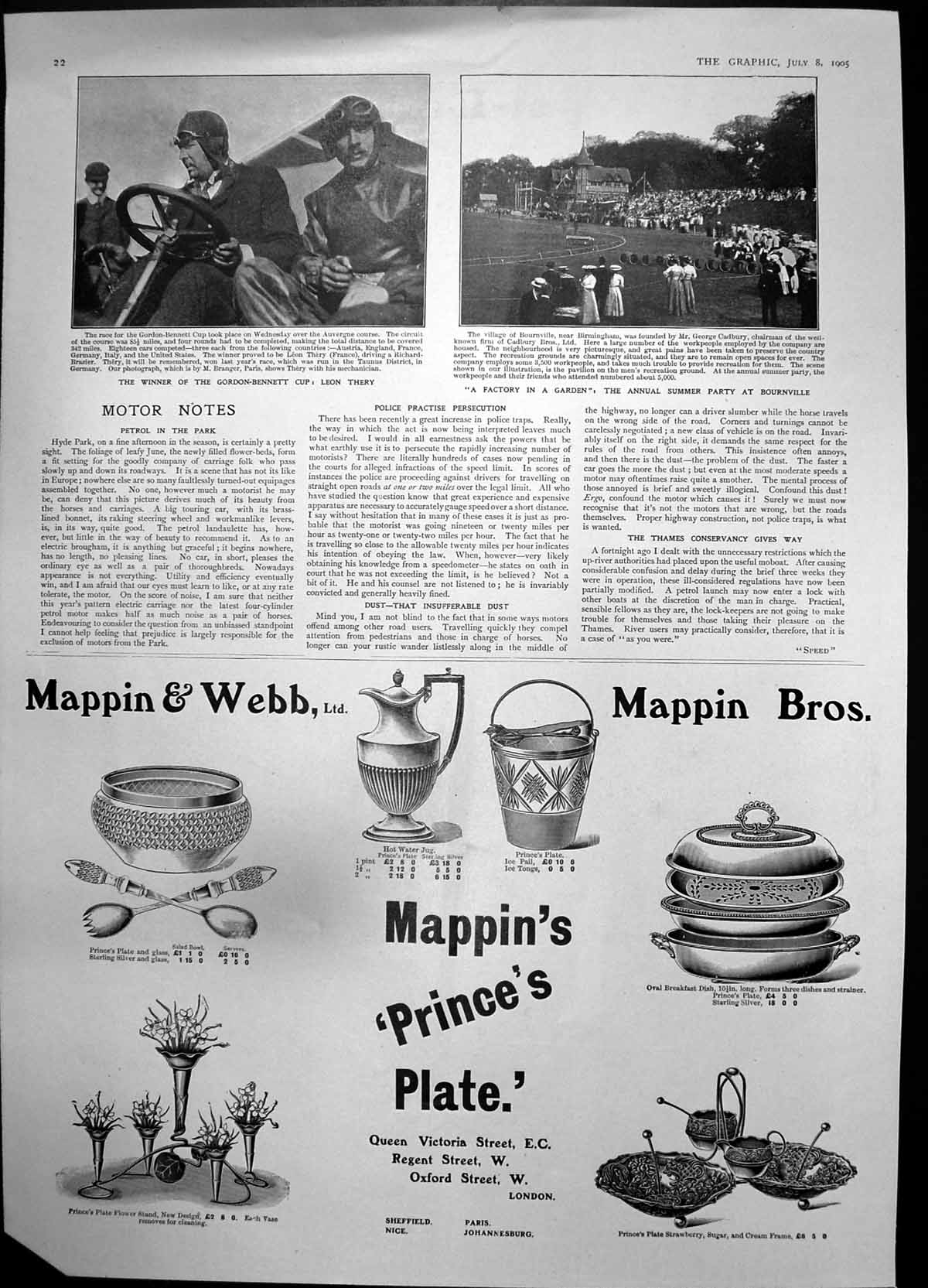 Antique Print Winner Gordon Bennett Cup Thery Summer Party Bournville 1905 20th