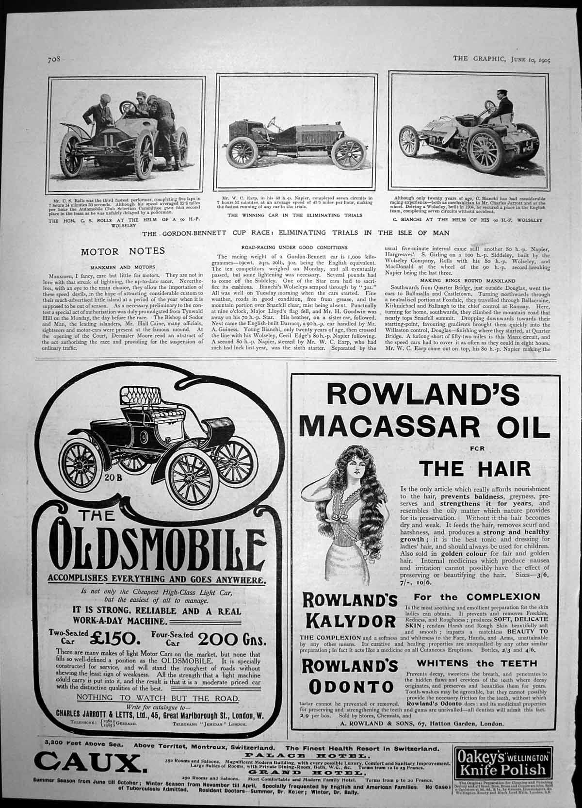 Antique Old Print Gordon Bennett Cup Race Isle Man Rowlands Macassar Oil 1905