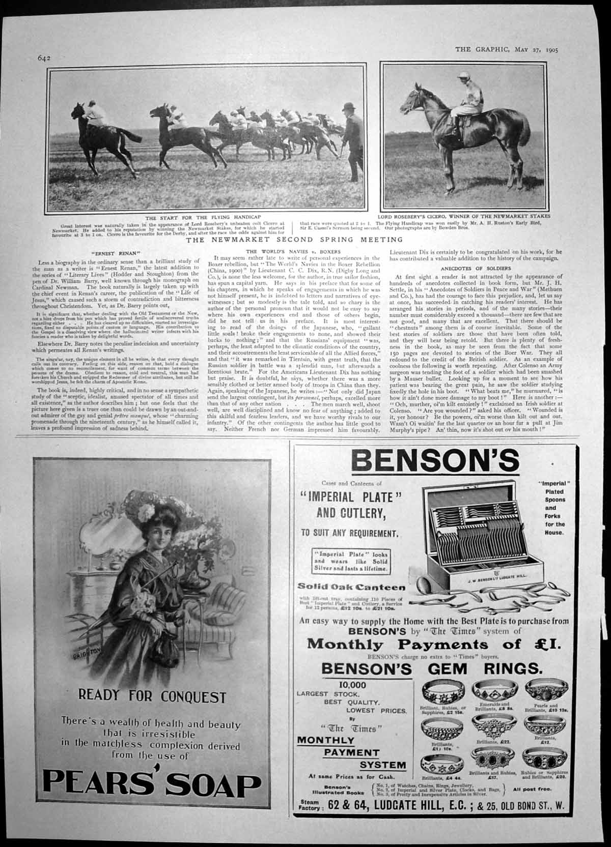Antique Old Print Newmarket Spring Races Bensons Gem Rings Pears Soap 1905 20th
