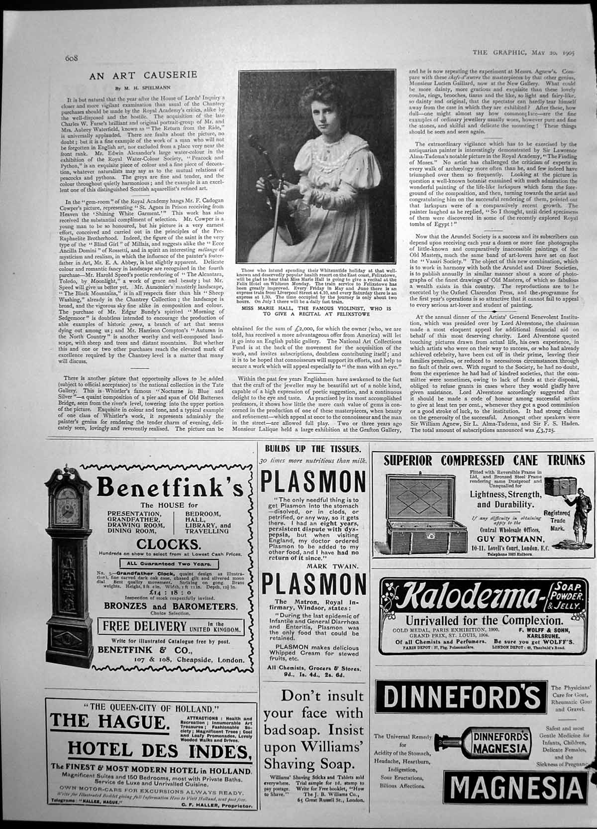 Old Marie Hall Famous Violinist Benetfinks Clocks Plasmon Drink 1905 20th