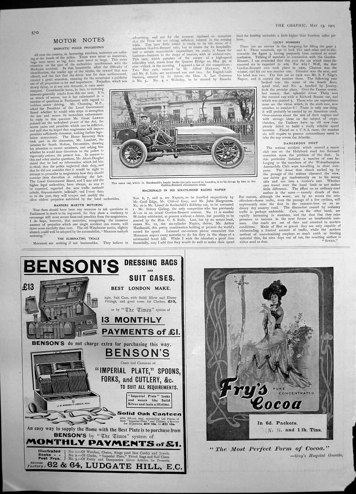 Antique Print Macdonald Racing Napier Gordon Bennett Trials Frys Cocoa 1905