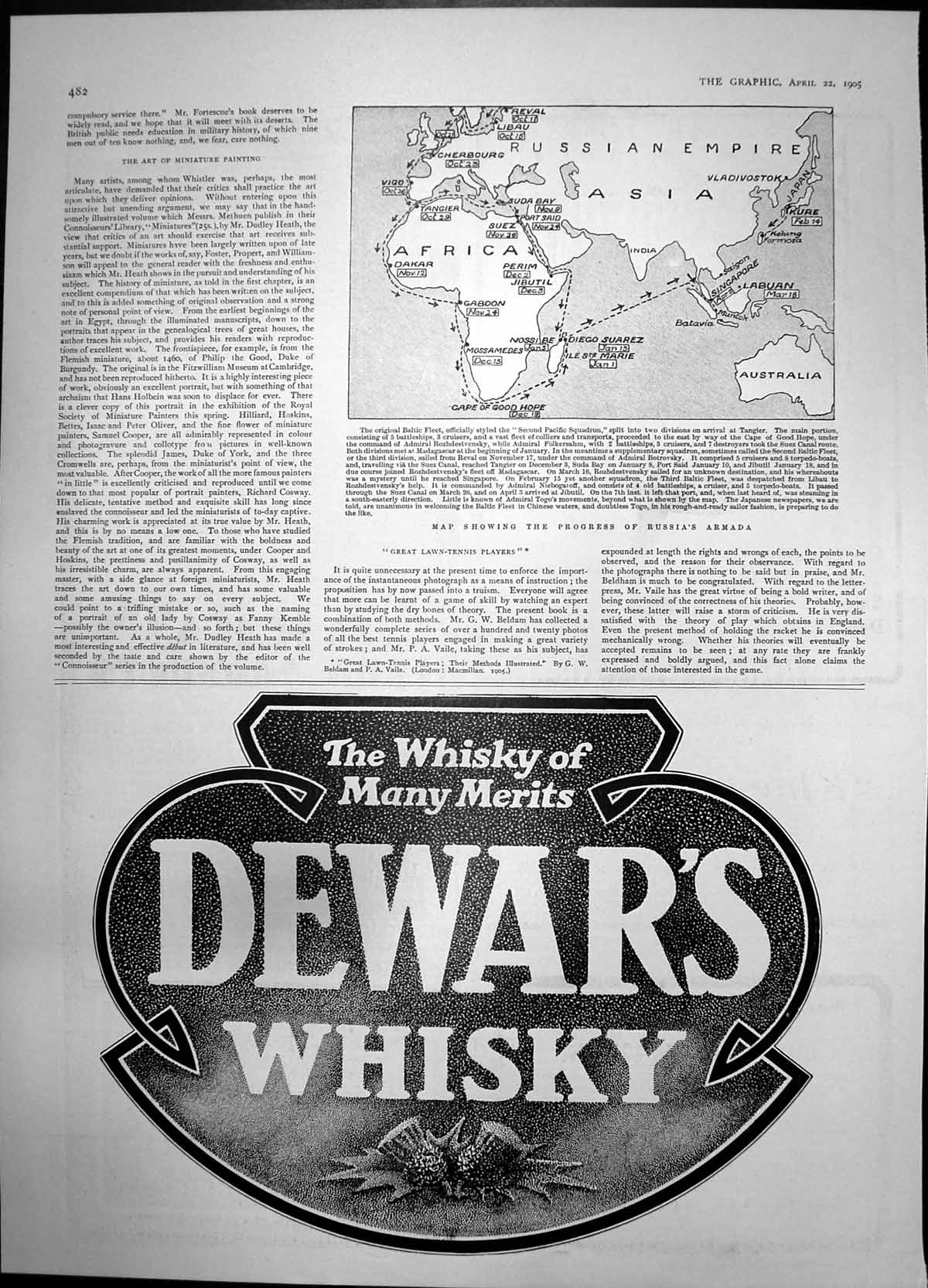 Antique Old Print Map Progress Russias Armada Dewars Whisky Many Merits 1905
