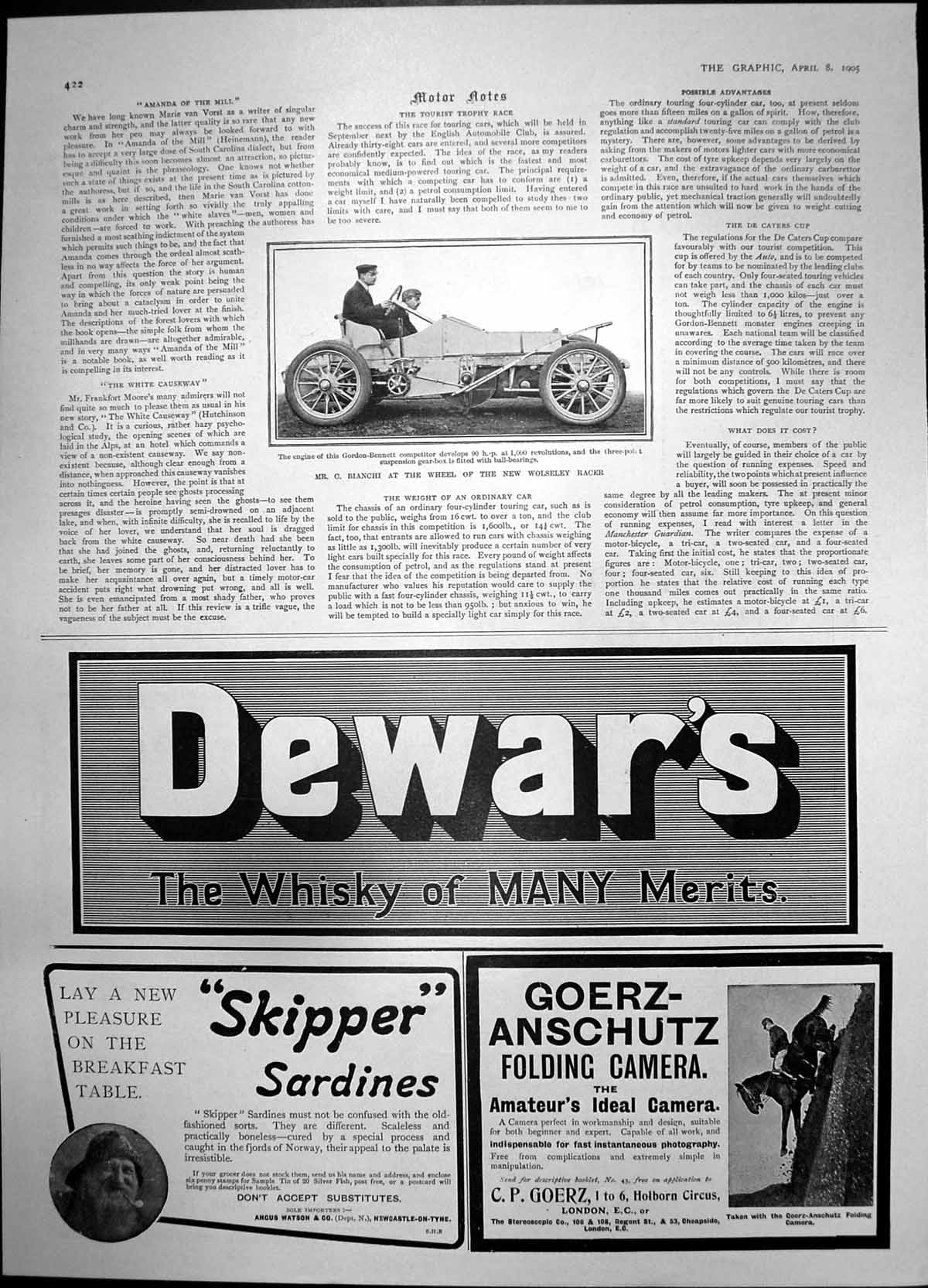 Old Print Bianchi New Wolseley Racer Dewars Whisky Skipper Sardines 1905 20th