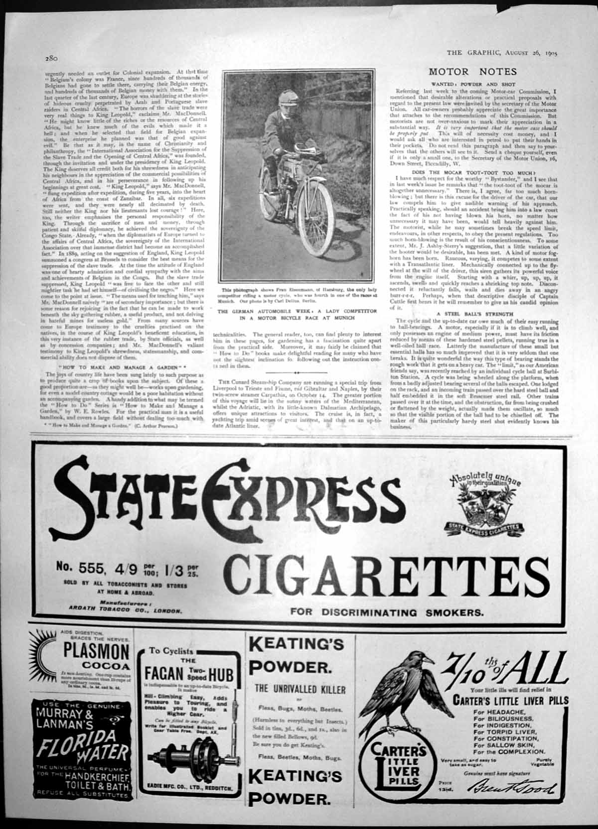 Antique Print Lady Motor Bicycle Race Munich Keatings Powder Fleas Moth1905