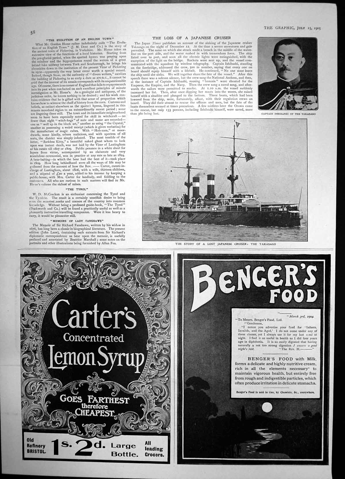 Old Antique Print Lost Japanese Cruiser Takasago Captain Ishibashi 1905 20th